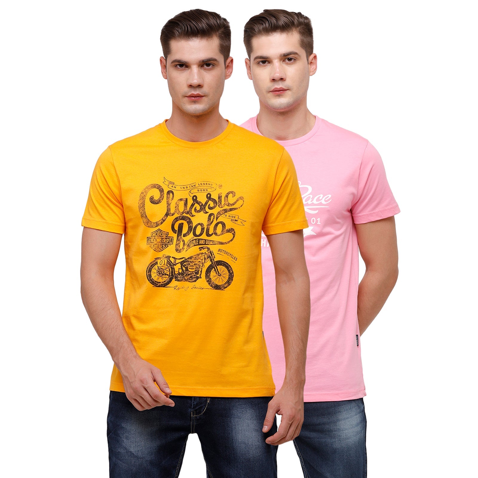Classic Polo Men's Half Sleeve Crew Neck Yellow & Pink Slim Fit Single Jersey Pack Of 2 T-shirt Iris - 11 T-shirt Classic Polo 