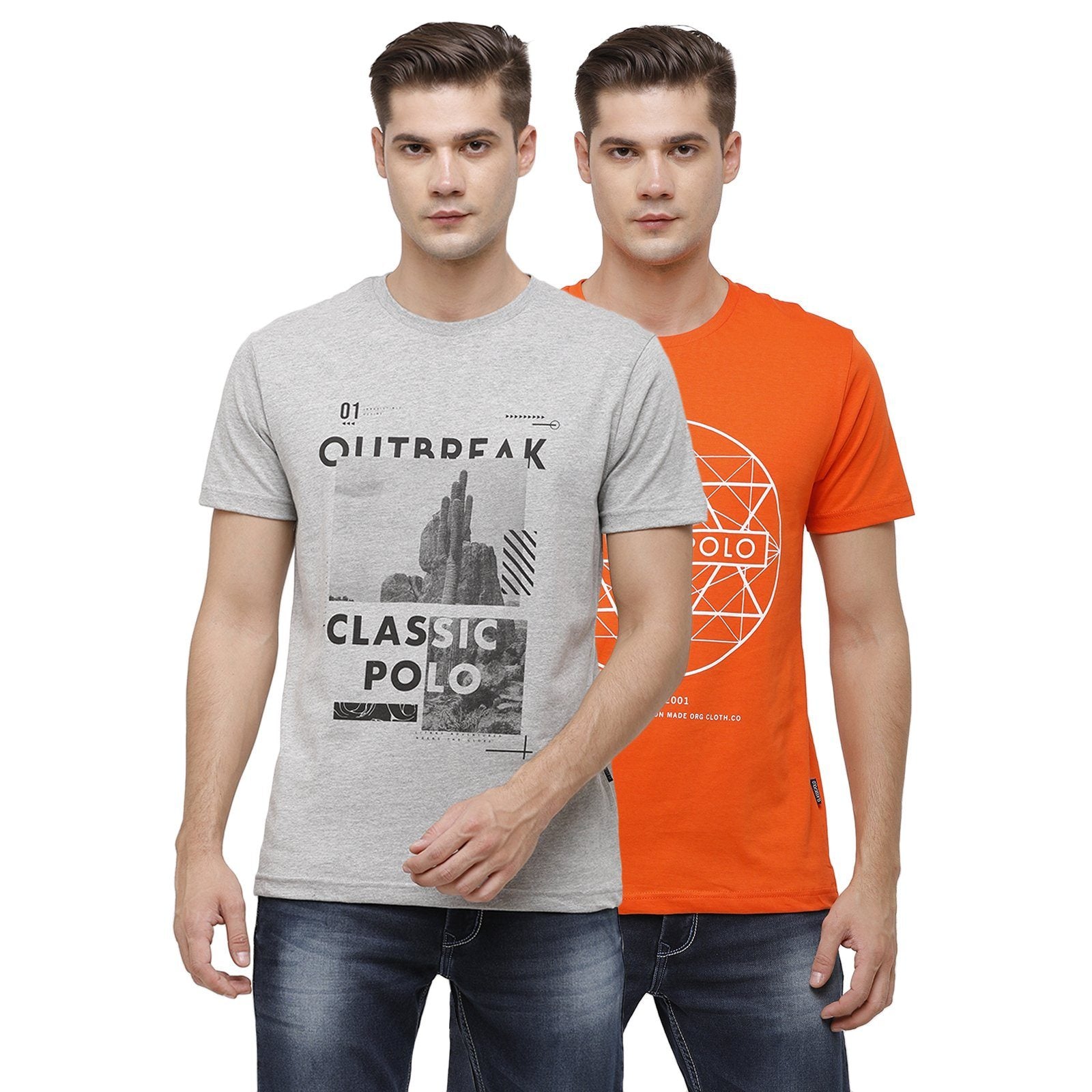 Classic Polo Men's Half Sleeve Crew Neck Grey & Orange Slim Fit Single Jersey Pack Of 2 T-shirt Iris - 03 12 SF C T-shirt Classic Polo 