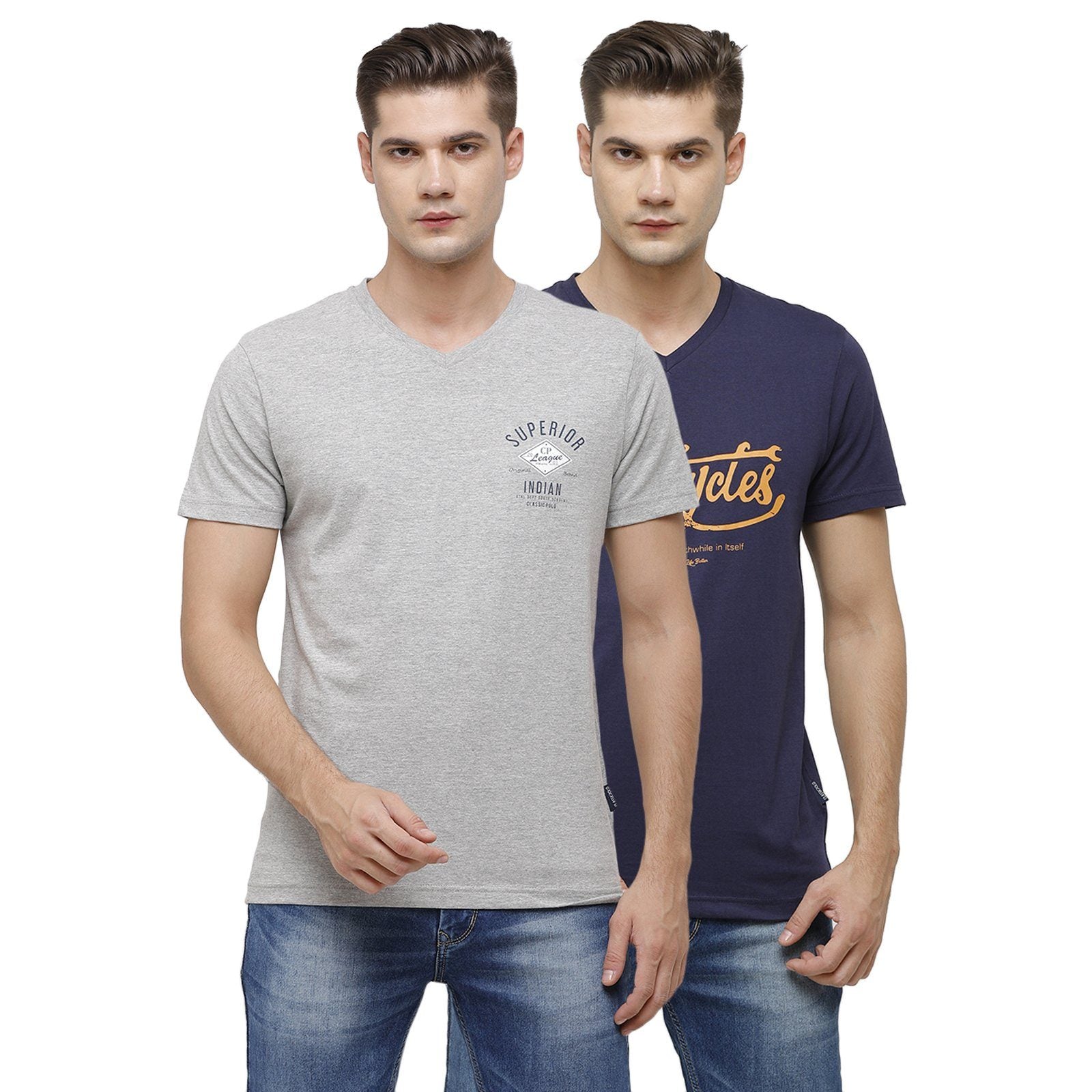 Classic Polo Men's Half Sleeve V Neck Royal Blue & Grey Slim Fit Single Jersey Pack Of 2 T-shirt Iris - 18 T-shirt Classic Polo 