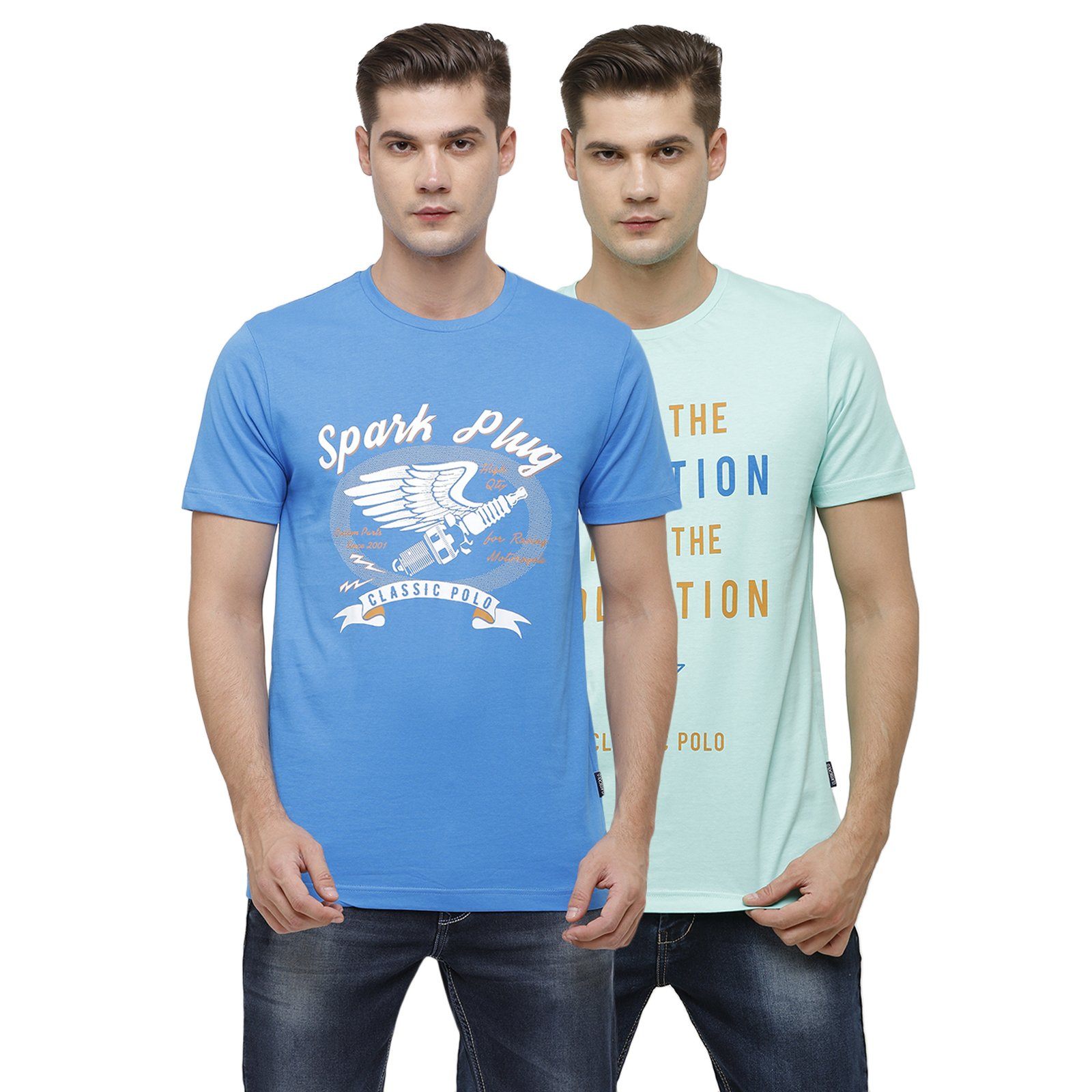 Classic Polo Men's Half Sleeve Crew Neck Turquoise & Blue Slim Fit Single Jersey Pack Of 2 T-shirt Iris - 06 T-shirt Classic Polo 