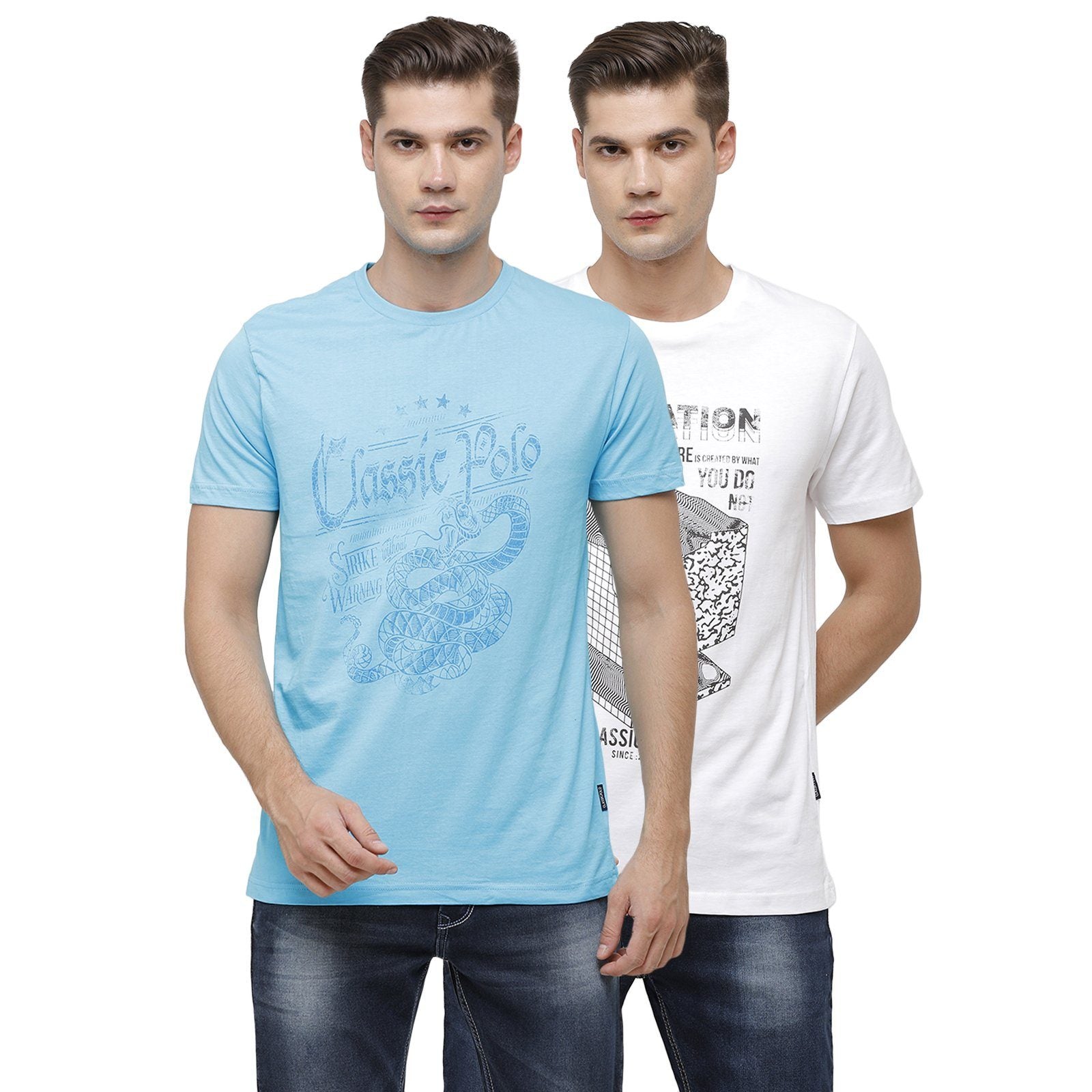 Classic Polo Men's Half Sleeve Crew Neck Blue & White Slim Fit Single Jersey Pack Of 2 T-shirt Iris - 07 T-shirt Classic Polo 