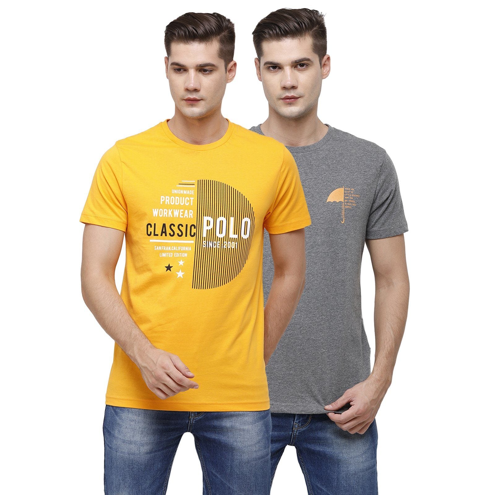 Classic Polo Men's Half Sleeve Crew Neck Grey & Yellow Slim Fit Single Jersey Pack Of 2 T-shirt Iris - 08 SF C T-shirt Classic Polo 