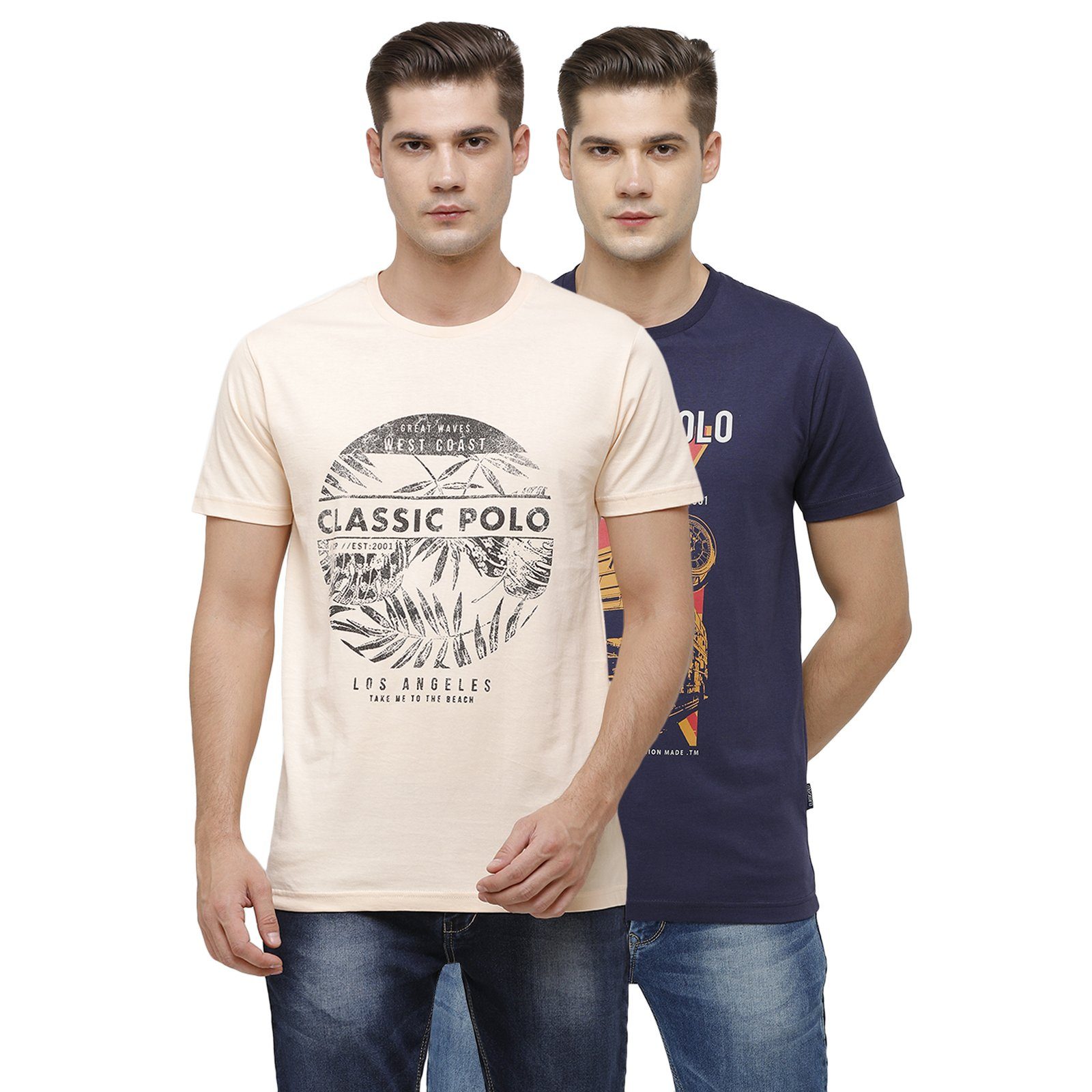 Classic Polo Men's Half Sleeve Crew Neck Peach & Royal Blue Slim Fit Single Jersey Pack Of 2 T-shirt Iris- 13 T-shirt Classic Polo 