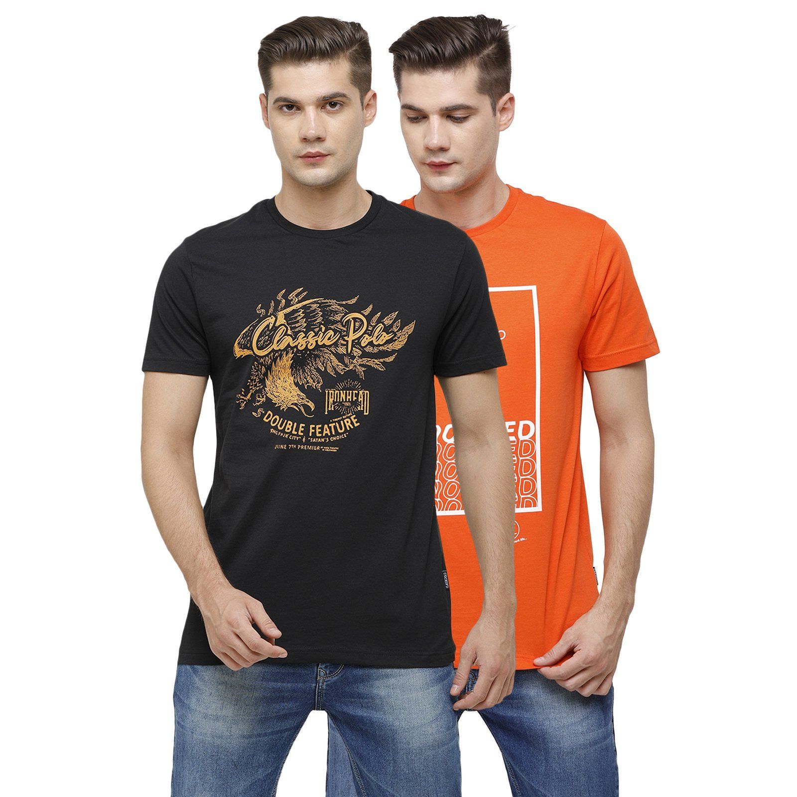 Classic Polo Men's Half Sleeve Crew Neck Orange & Black Slim Fit Single Jersey Pack Of 2 T-shirt Iris - 15 T-shirt Classic Polo 