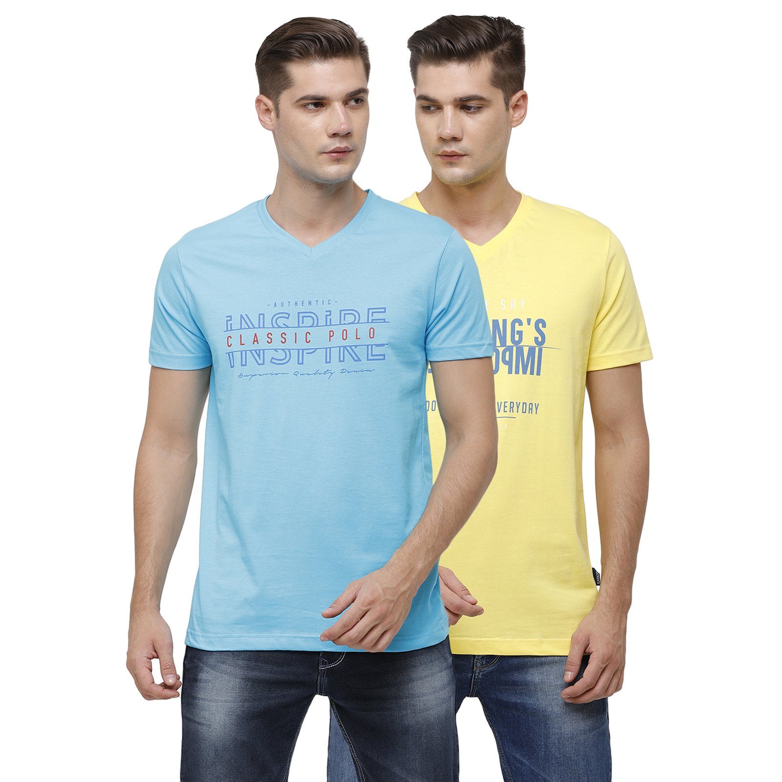 Classic Polo Men's Half Sleeve V Neck Blue & Yellow Slim Fit Single Jersey Pack Of 2 T-shirt Iris - 16 T-shirt Classic Polo 