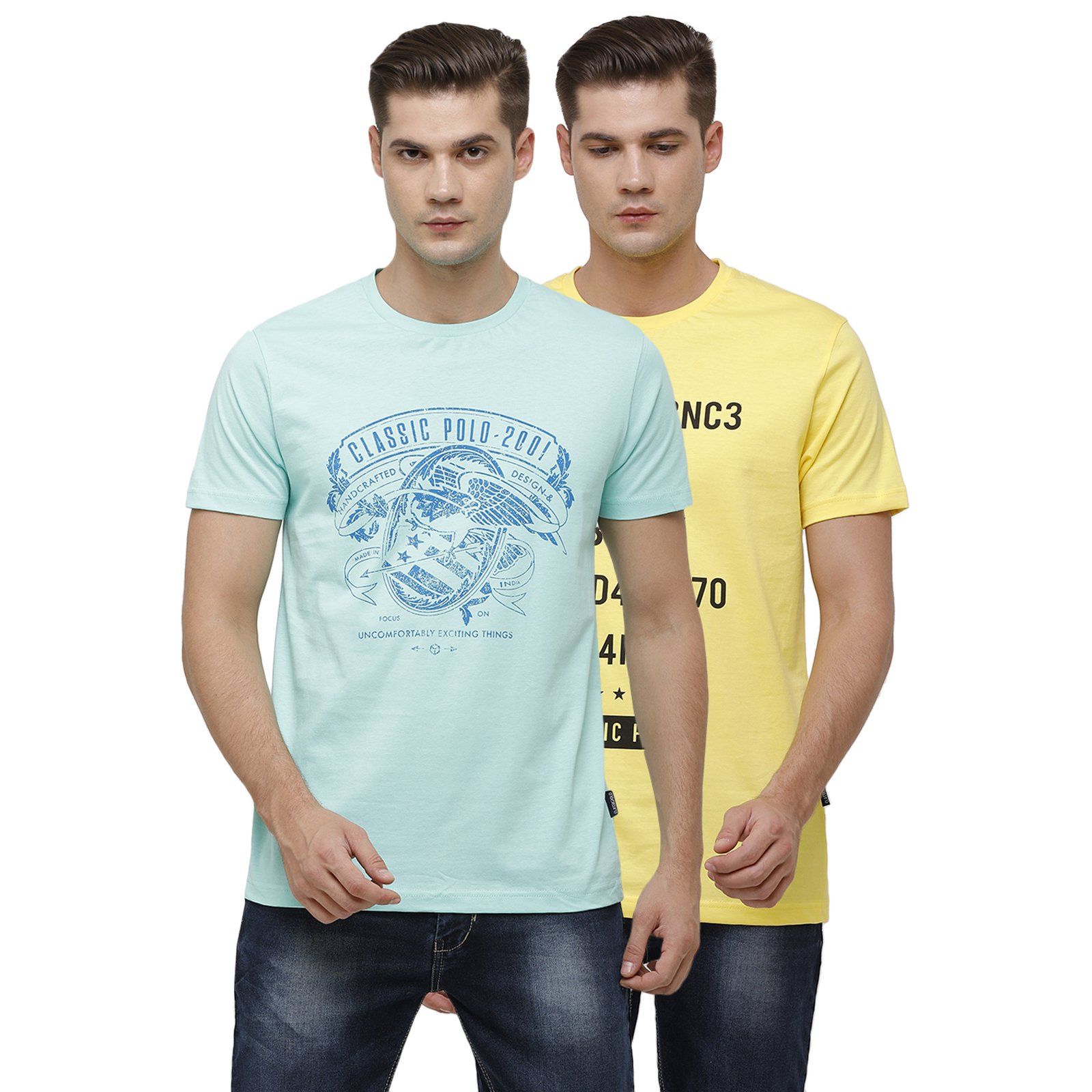 Classic Polo Men's Half Sleeve Crew Neck Turquoise & Yellow Slim Fit Single Jersey Pack Of 2 T-shirt Iris - 14 T-shirt Classic Polo 