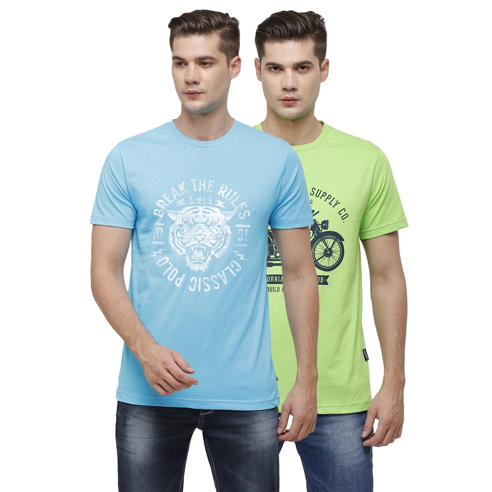 Classic Polo Men's Half Sleeve Crew Neck Blue & Green Slim Fit Single Jersey Pack Of 2 T-shirt Iris - 03 T-shirt Classic Polo 
