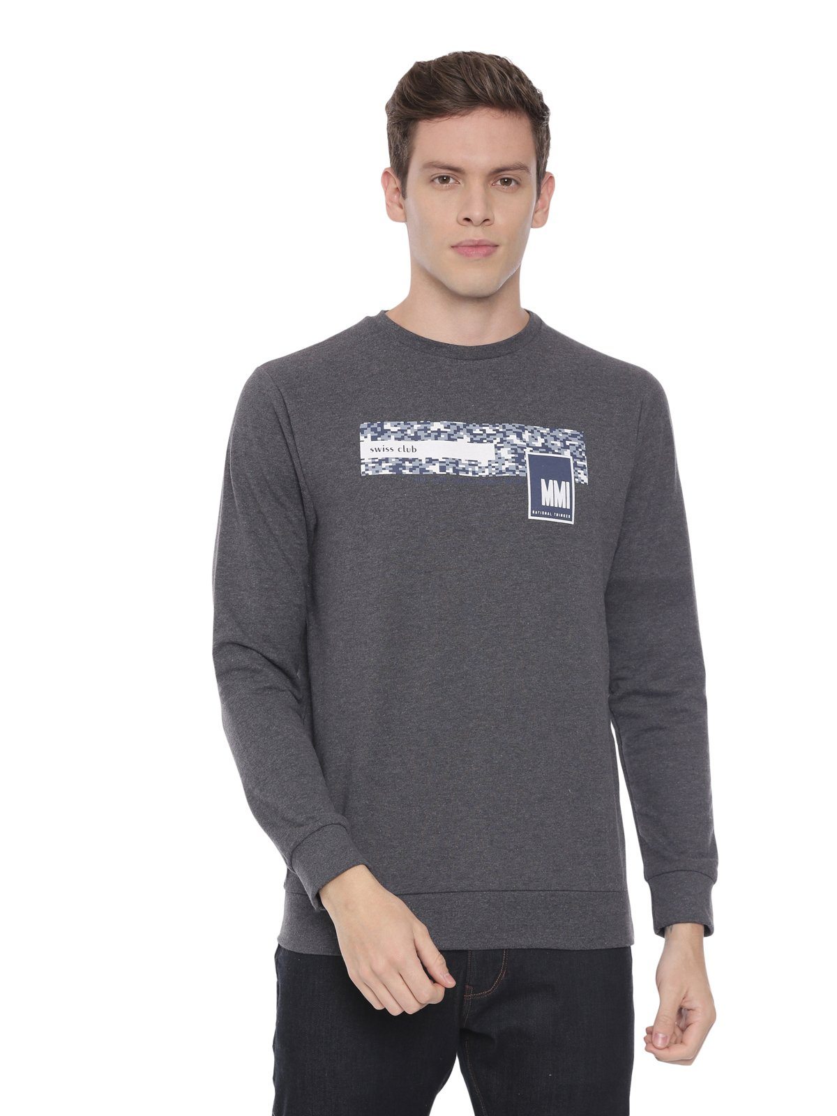 Swiss club Men's Round Neck Full Sleeve Dark Grey 100% Cotton Slim