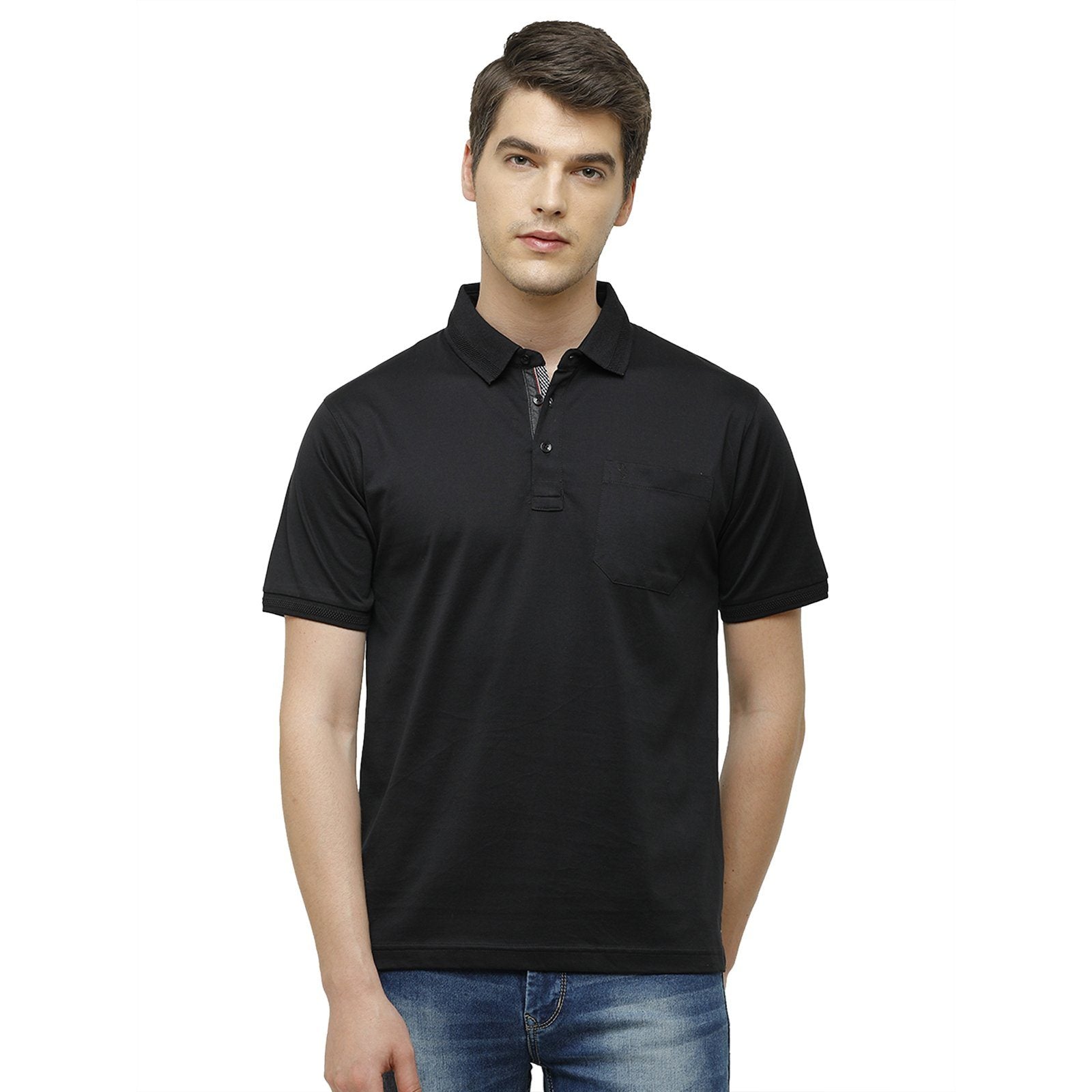 Swiss Club Men's Regular Fit Polo Collar Half Sleeve Solid Cotton Blend Black T-Shirt LUXOS-BLACK AF P T-shirt Swiss Club 