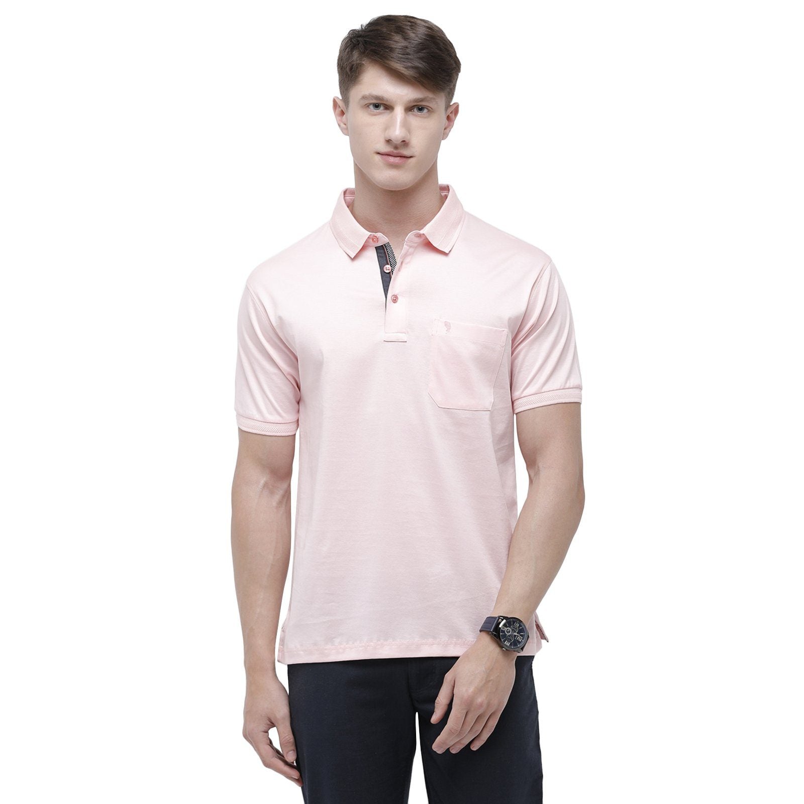 Swiss club Men's Polo Neck Half Sleeve Light Pink Cotton Regular Fit T-Shirt LUXOS-CRYSTAL ROSE AF P T-shirt Swiss Club 