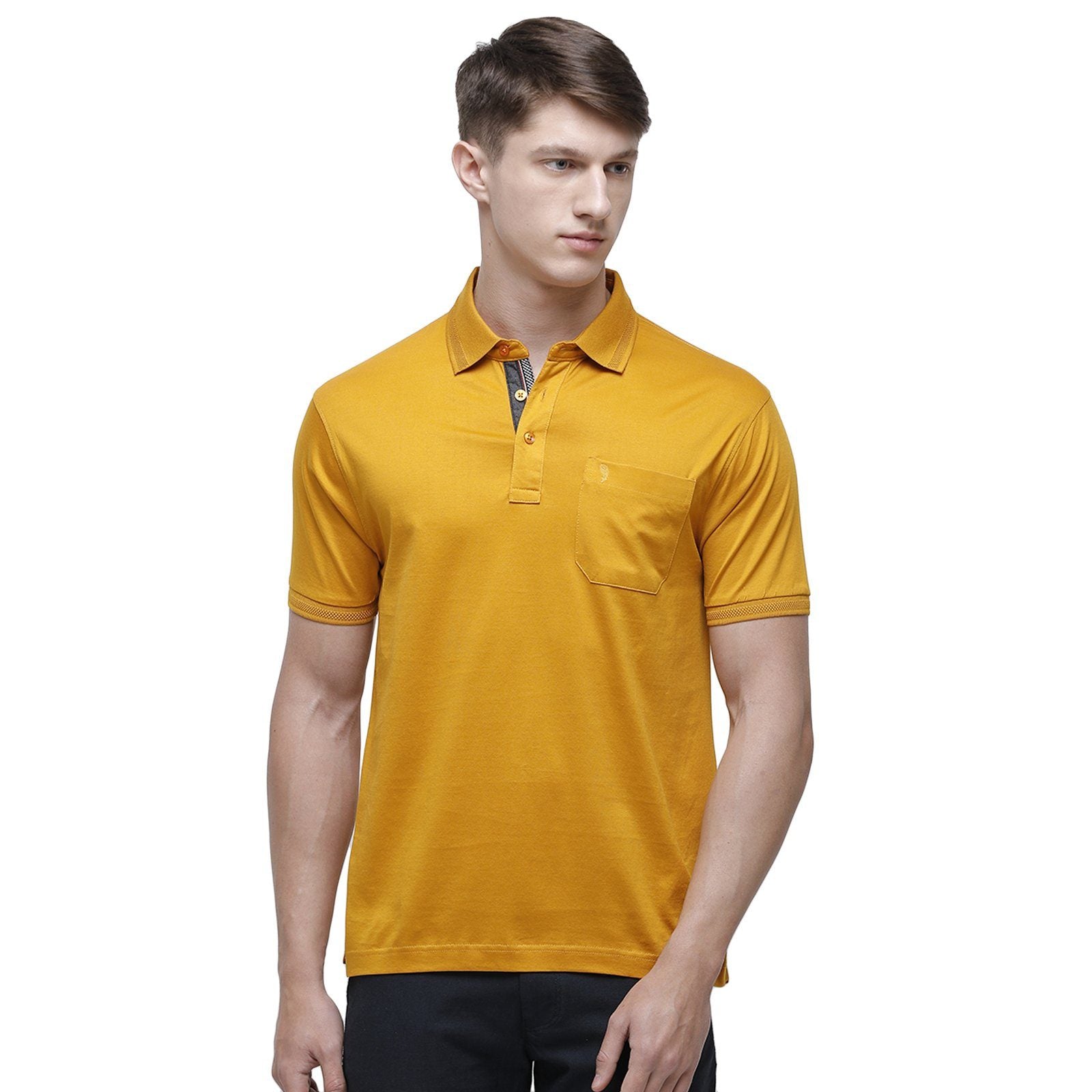 Swiss club Men's Polo Neck Half Sleeve Mustard Cotton Regular Fit T-Shirt LUXOS-GOLDEN YELLOW AF P T-shirt Swiss Club 