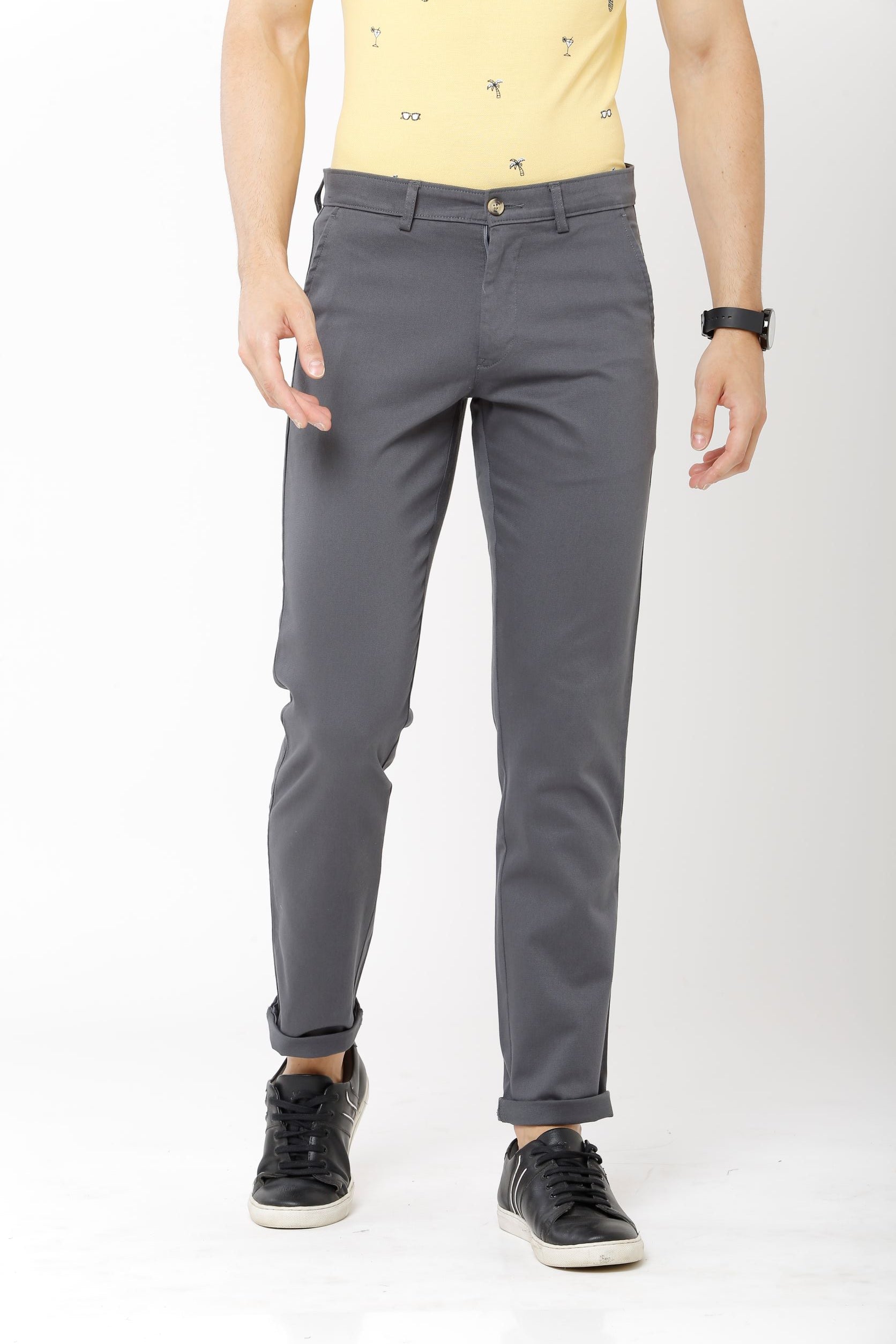 Classic Polo Mens 100% Cotton Solid Slim Fit Dark Grey Color Trousers - Eros D.Grey