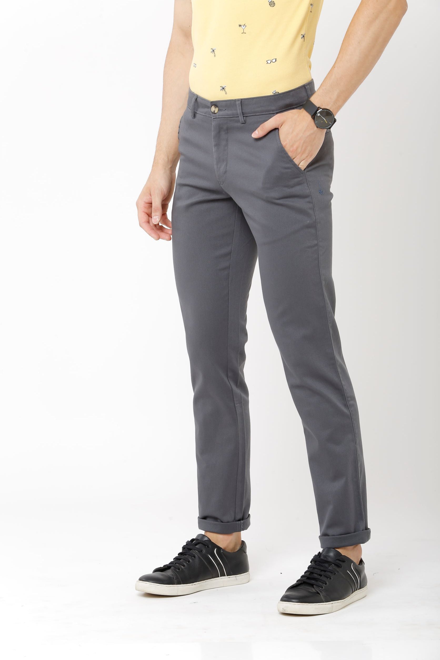 Classic Polo Mens 100% Cotton Solid Slim Fit Dark Grey Color Trousers - Eros D.Grey