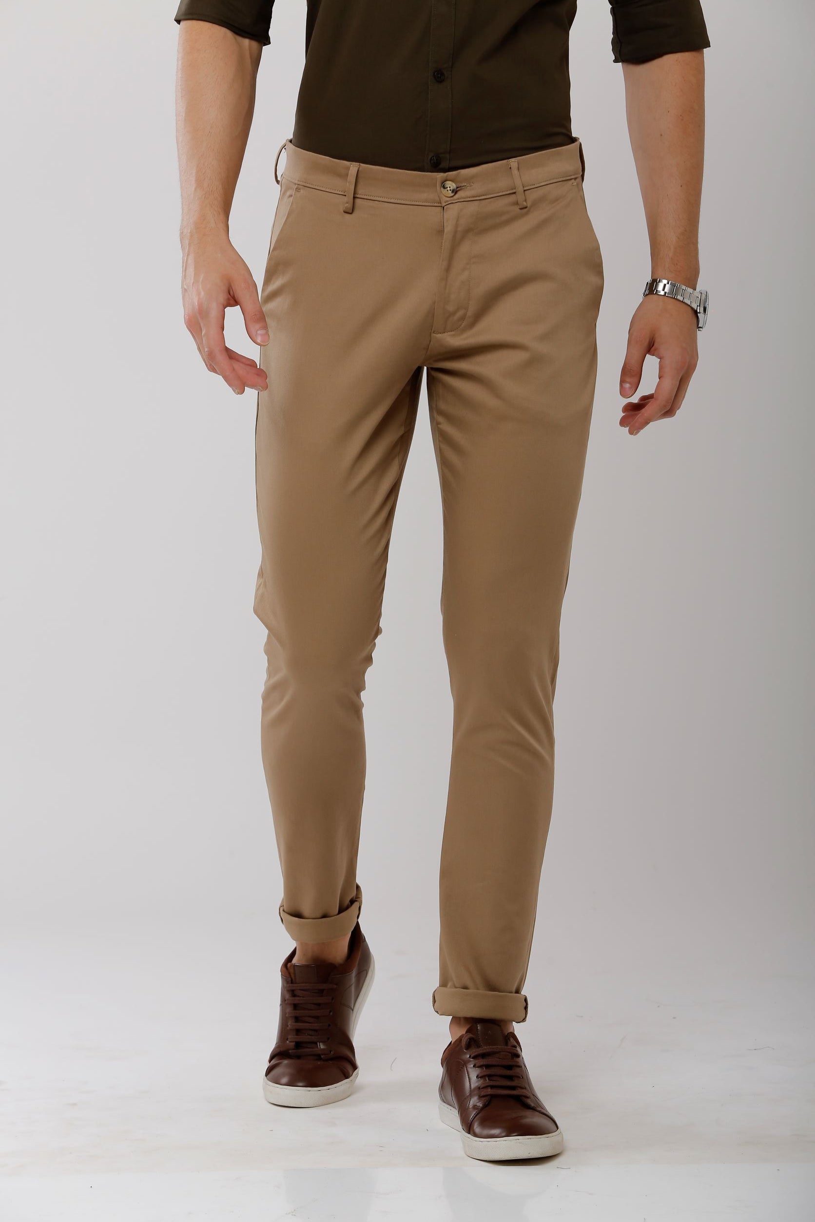 Classic Polo Men's Slim Fit Khaki high Density Satin Streatch Trousers - Spectra-Khaki