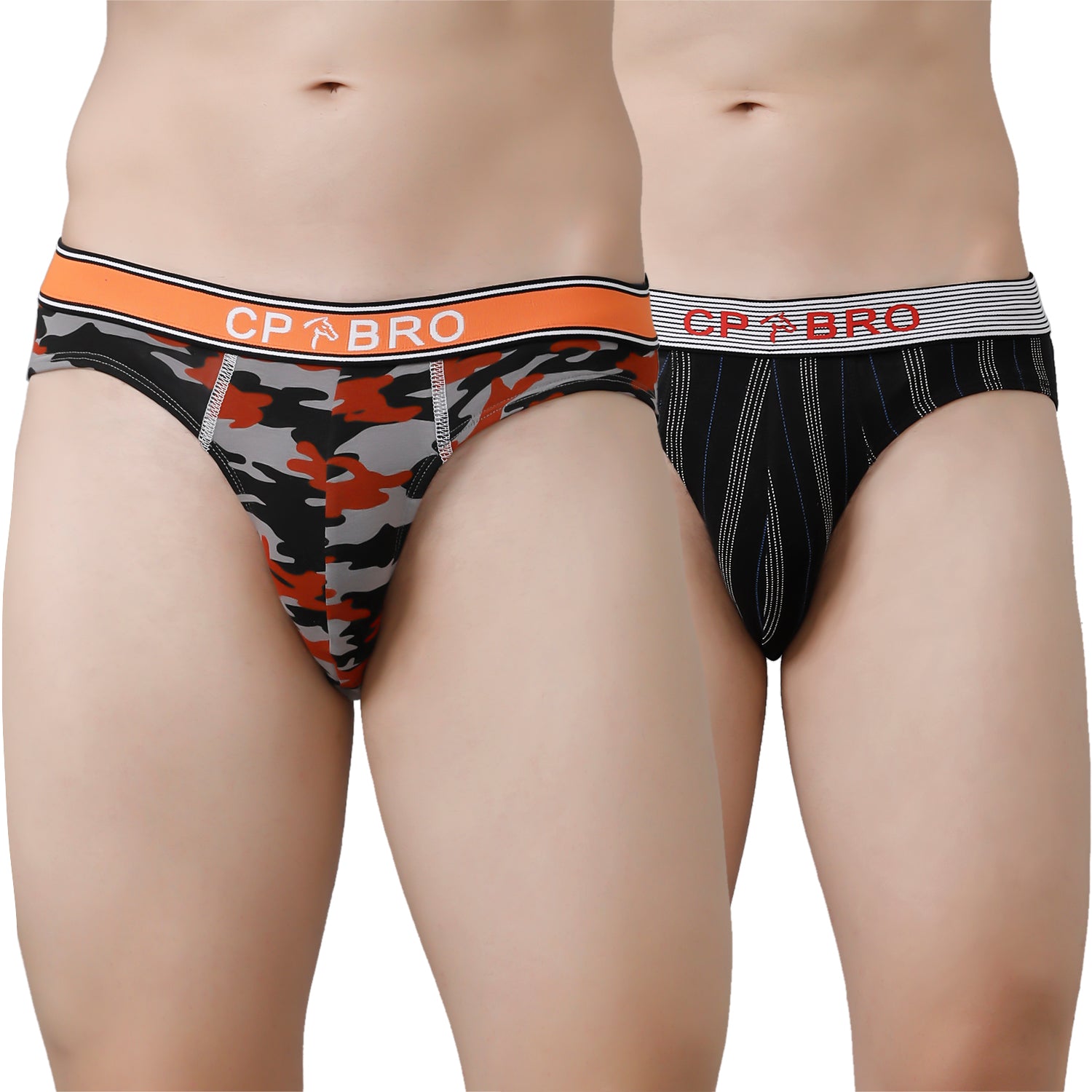 CP BRO Men's Printed Briefs with Exposed Waistband Value Pack - Orange & Black Stripe (Pack of 2)
