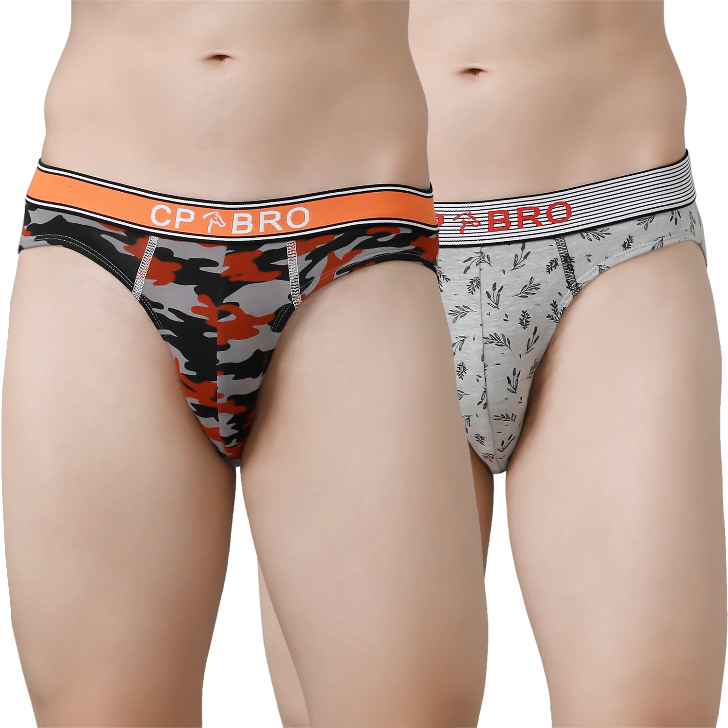 CP BRO Men's Printed Briefs with Exposed Waistband Value Pack - Orange & Grey (Pack of 2)
