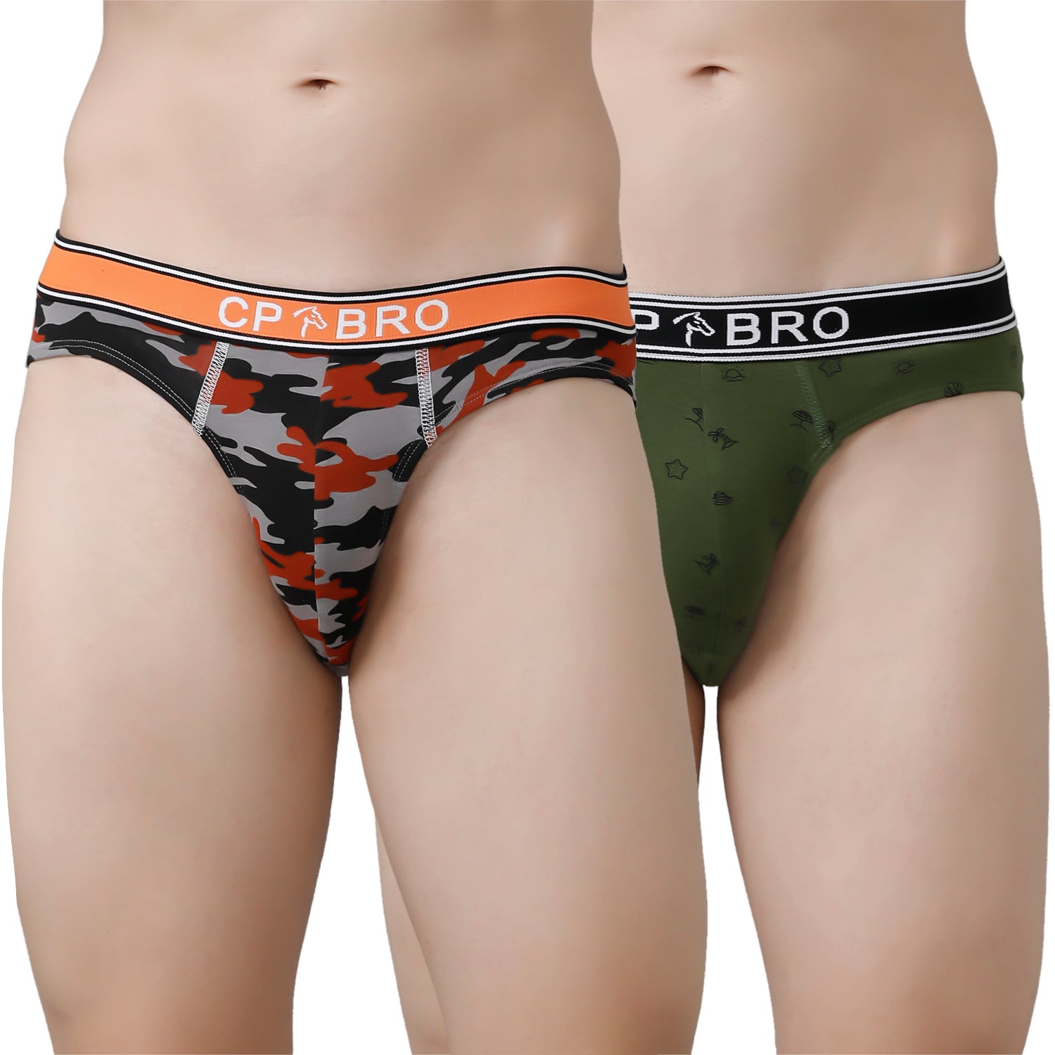 CP BRO Men's Printed Briefs with Exposed Waistband Value Pack - Orange & Olive Green (Pack of 2)