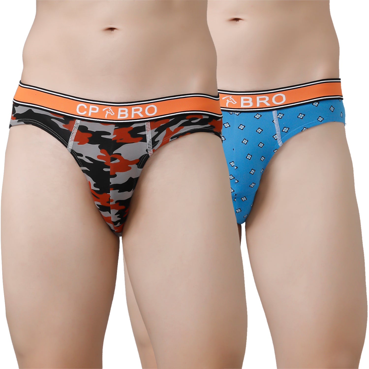 CP BRO Men's Printed Briefs with Exposed Waistband Value Pack - Orange & Blue (Pack of 2)