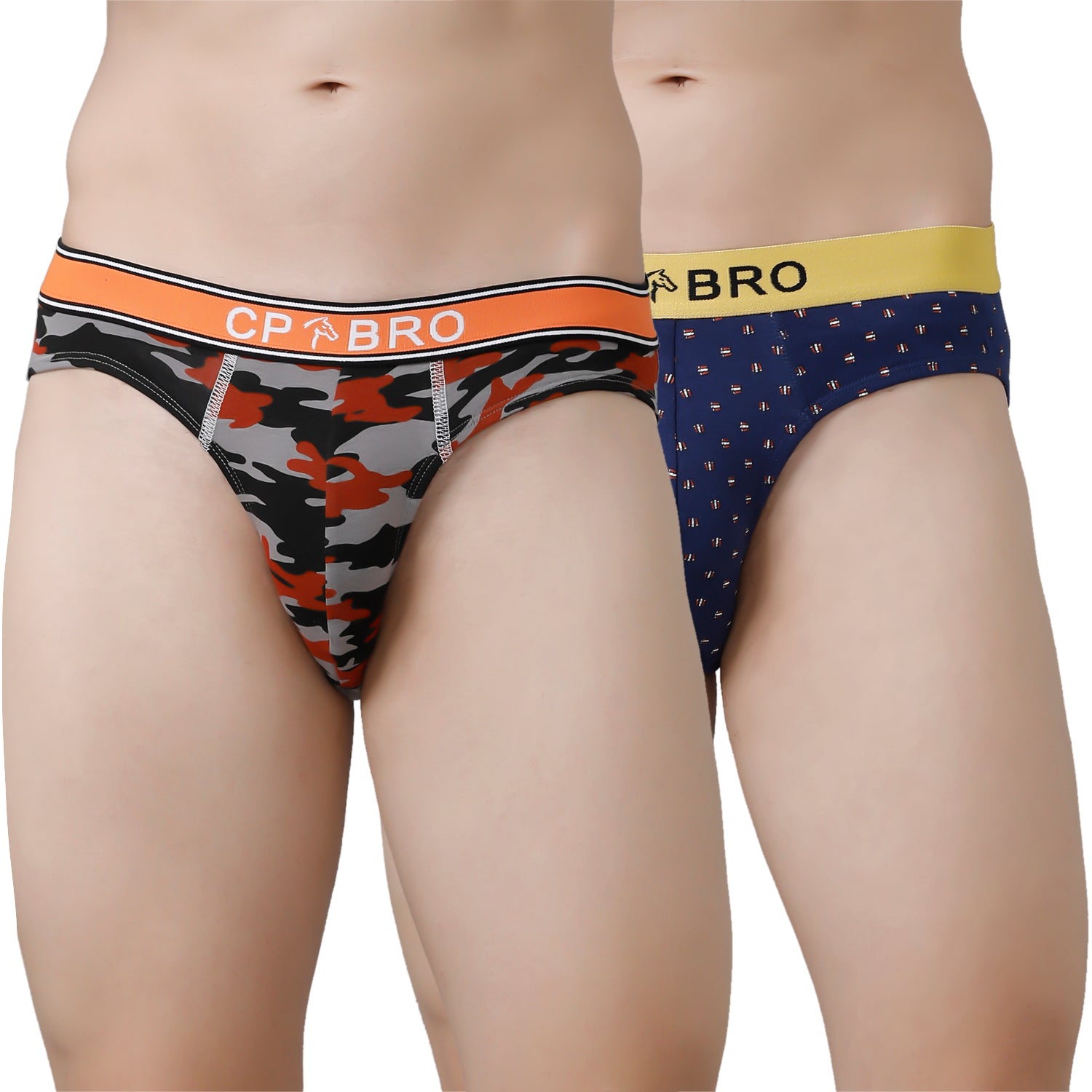 CP BRO Men's Printed Briefs with Exposed Waistband Value Pack - Orange & Navy (Pack of 2)