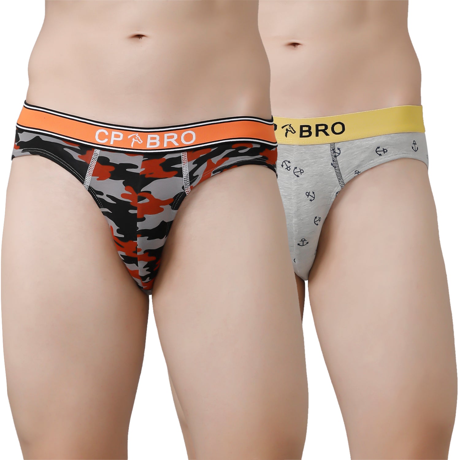 CP BRO Men's Printed Briefs with Exposed Waistband Value Pack - Orange & Grey Anchor (Pack of 2)
