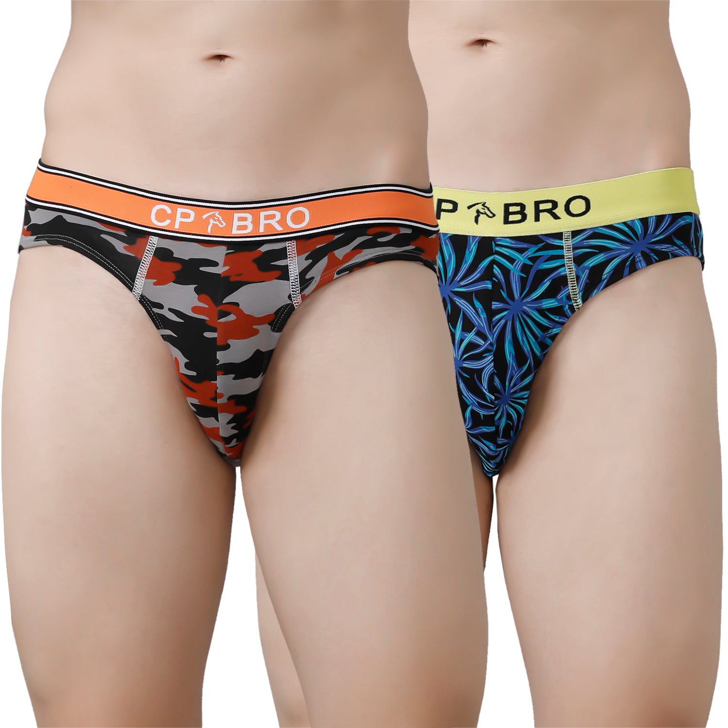CP BRO Men's Printed Briefs with Exposed Waistband Value Pack - Orange & Blue Leaf (Pack of 2)