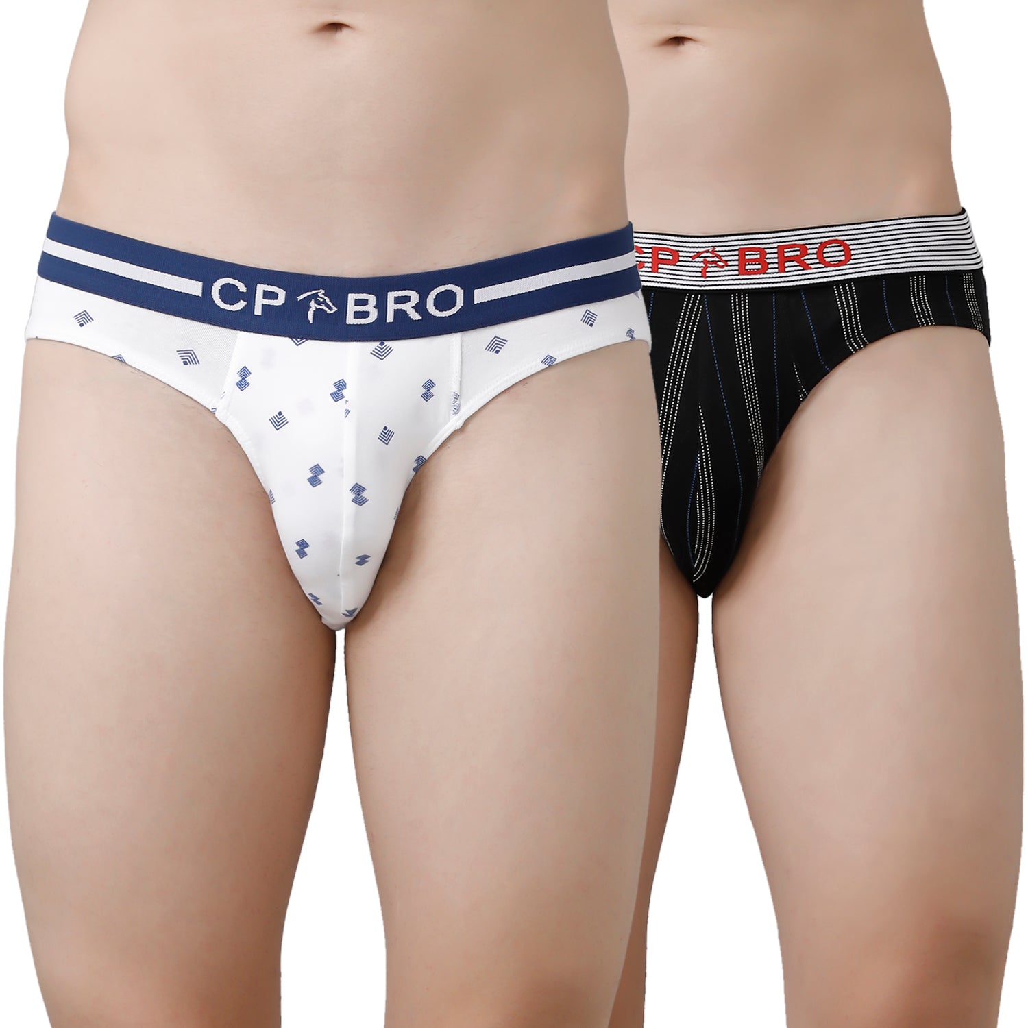 CP BRO Men's Printed Briefs with Exposed Waistband Value Pack - White & Black Stripe (Pack of 2)