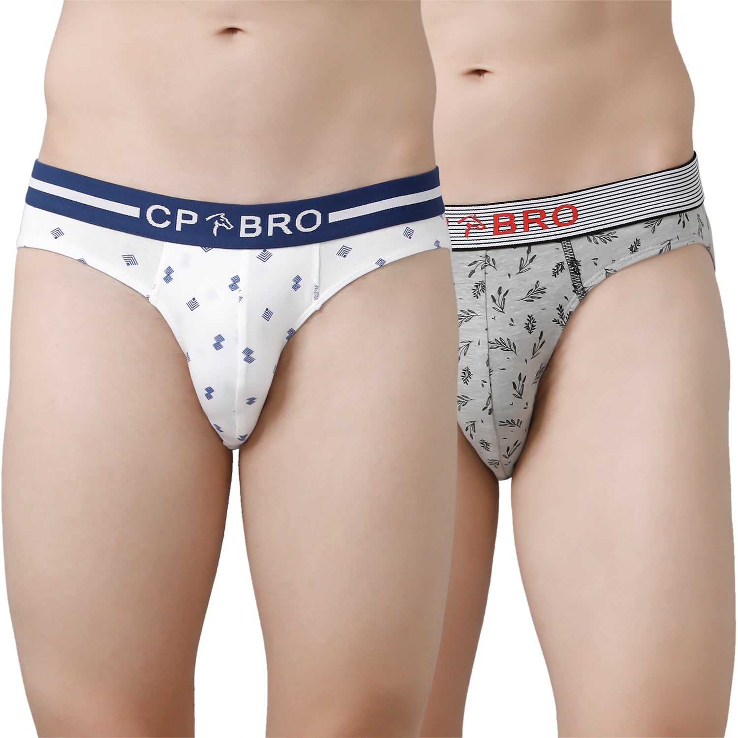 CP BRO Men's Printed Briefs with Exposed Waistband Value Pack - White & Grey (Pack of 2)
