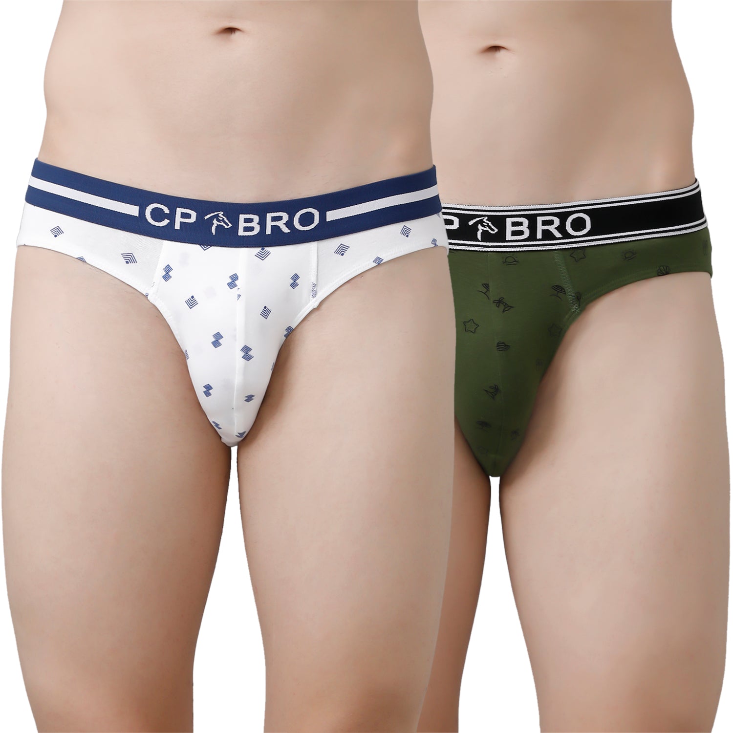 CP BRO Men's Printed Briefs with Exposed Waistband Value Pack - White & Olive Green (Pack of 2)