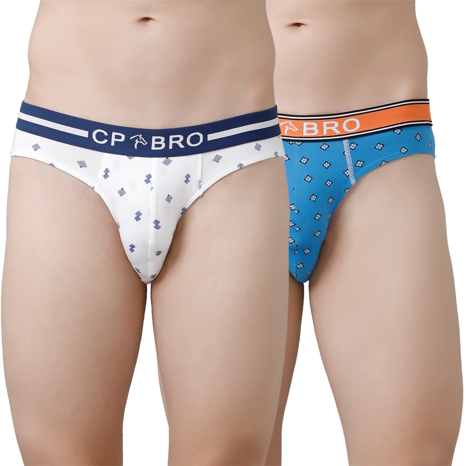 CP BRO Men's Printed Briefs with Exposed Waistband Value Pack - White & Blue (Pack of 2)