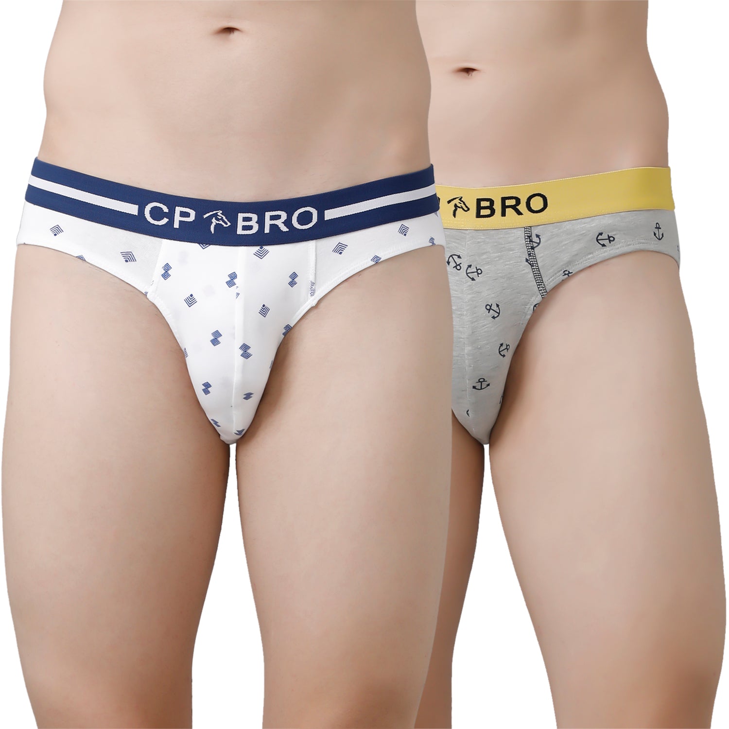 CP BRO Men's Printed Briefs with Exposed Waistband Value Pack - White & Grey Anchor (Pack of 2)