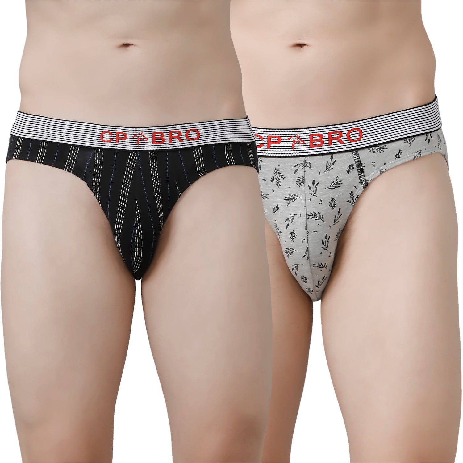 CP BRO Men's Printed Briefs with Exposed Waistband Value Pack - Black Stripe & Grey (Pack of 2)