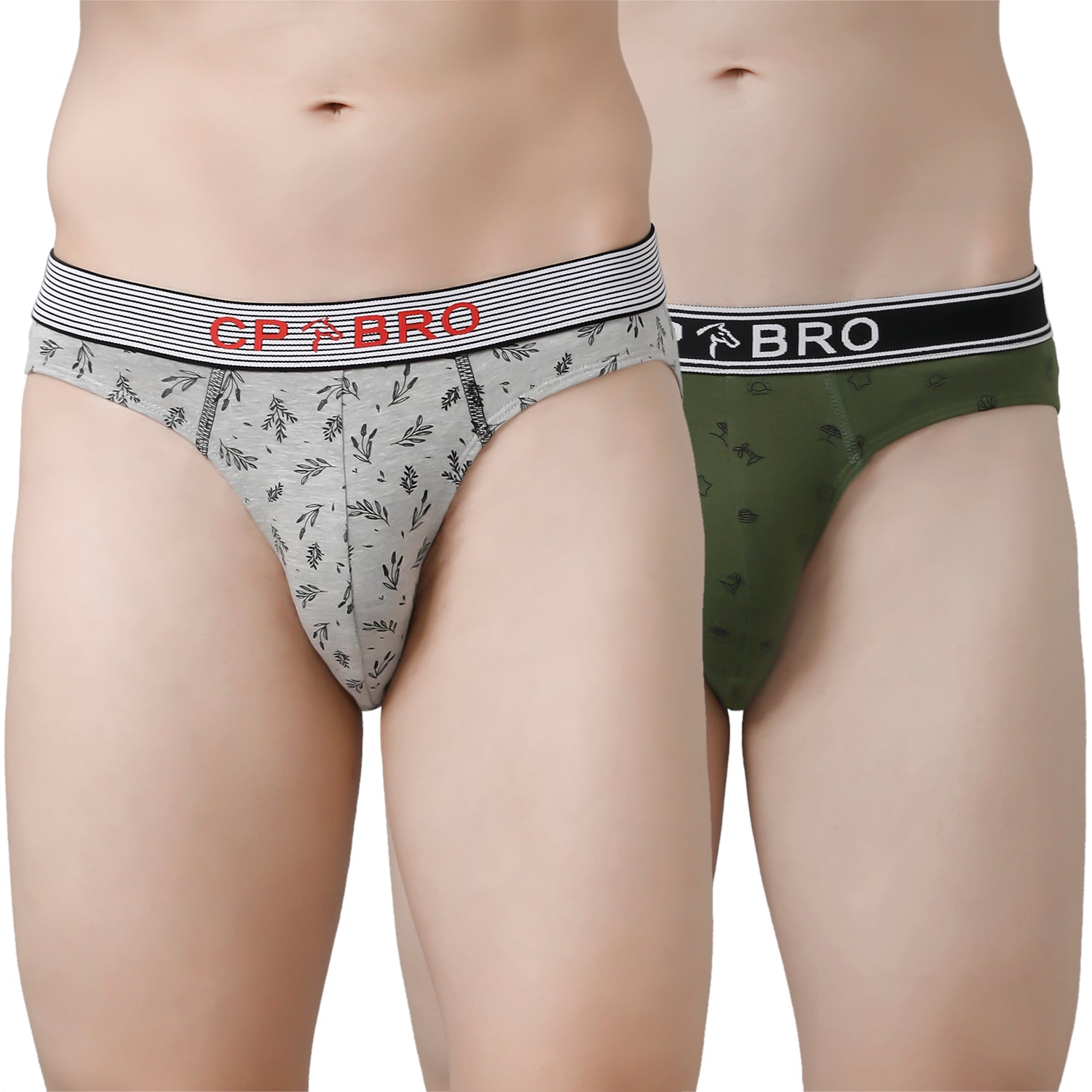 CP BRO Men's Printed Briefs with Exposed Waistband Value Pack - Grey & Olive Green (Pack of 2)