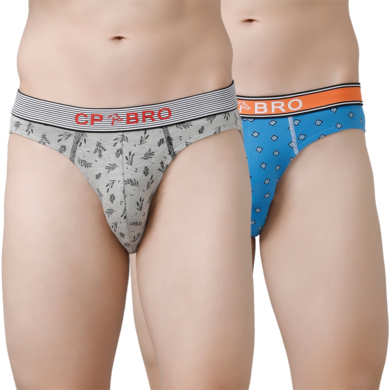 CP BRO Men's Printed Briefs with Exposed Waistband Value Pack - Grey & Blue (Pack of 2)