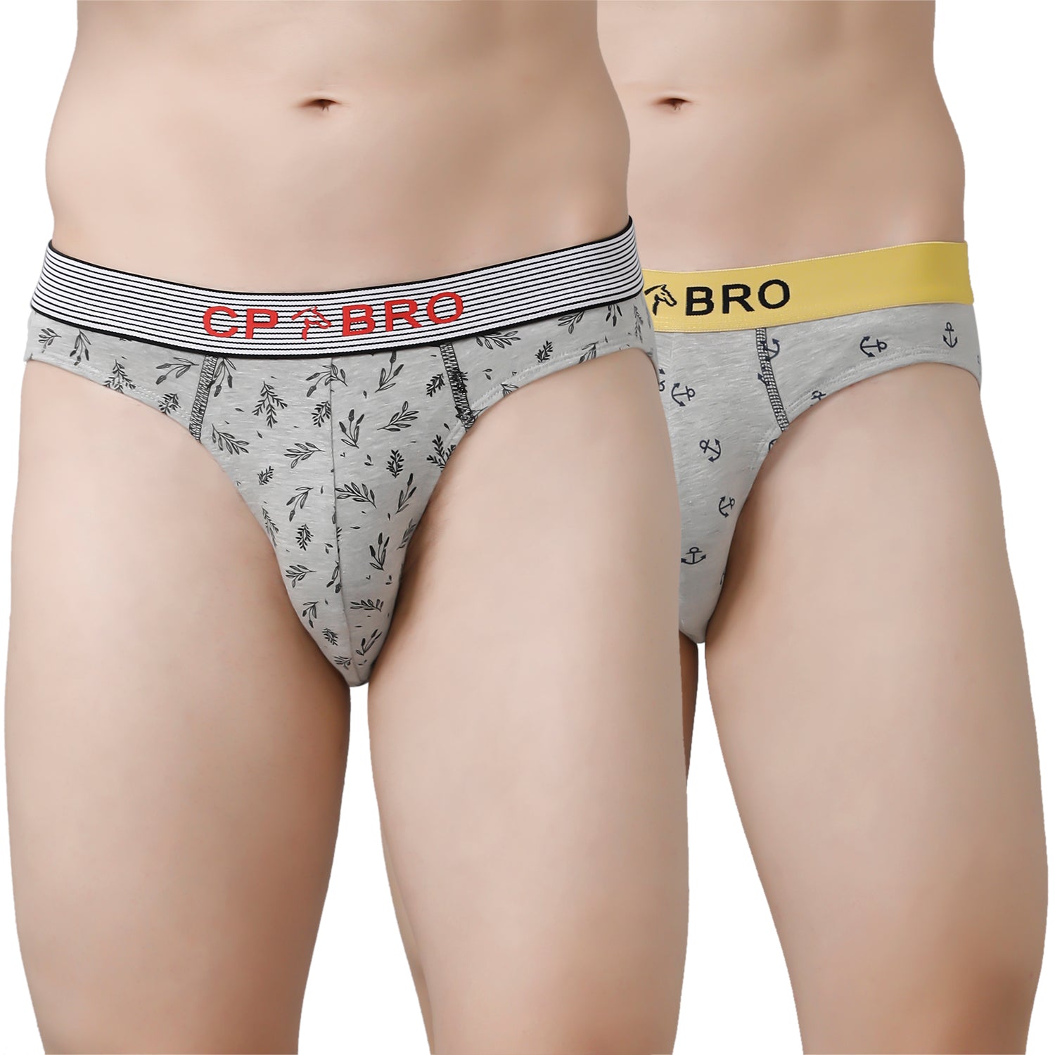 CP BRO Men's Printed Briefs with Exposed Waistband Value Pack - Grey & Grey Anchor (Pack of 2)