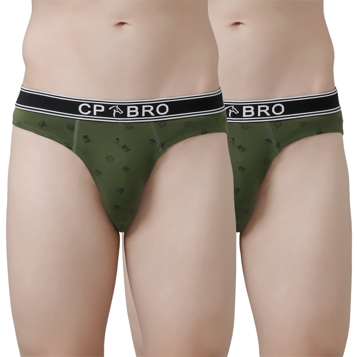 CP BRO Men's Printed Briefs with Exposed Waistband Value Pack - Olive Green (Pack of 2)