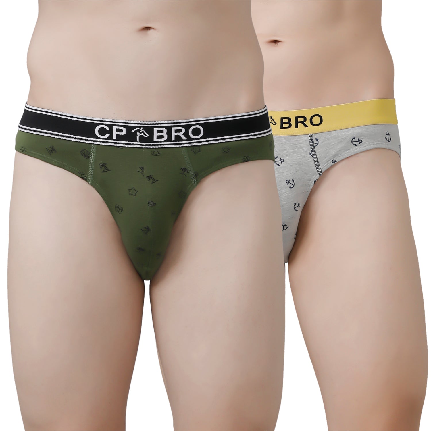 CP BRO Men's Printed Briefs with Exposed Waistband Value Pack - Olive Green & Grey Anchor (Pack of 2)
