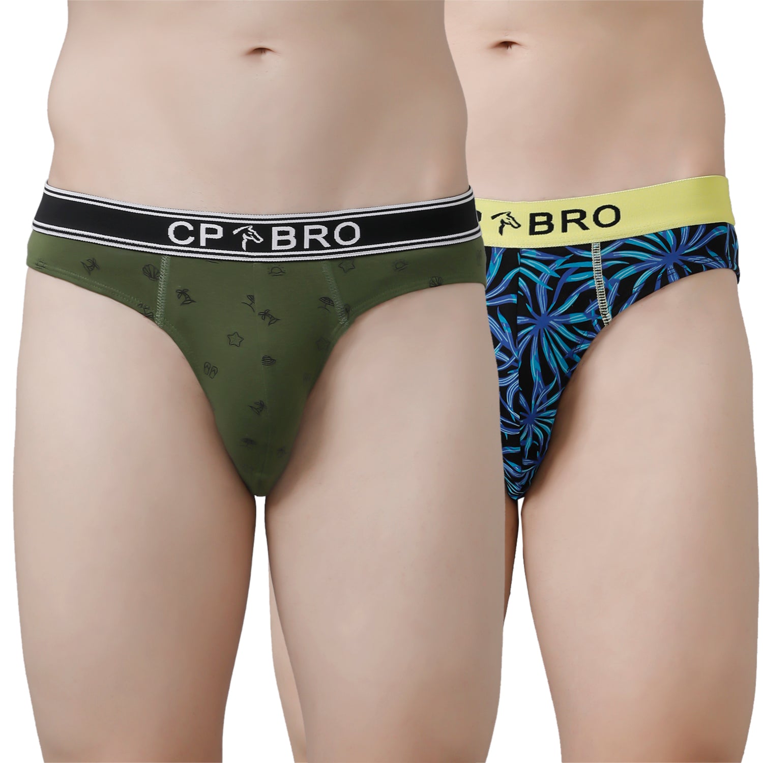 CP BRO Men's Printed Briefs with Exposed Waistband Value Pack - Olive Green & Blue Leaf (Pack of 2)