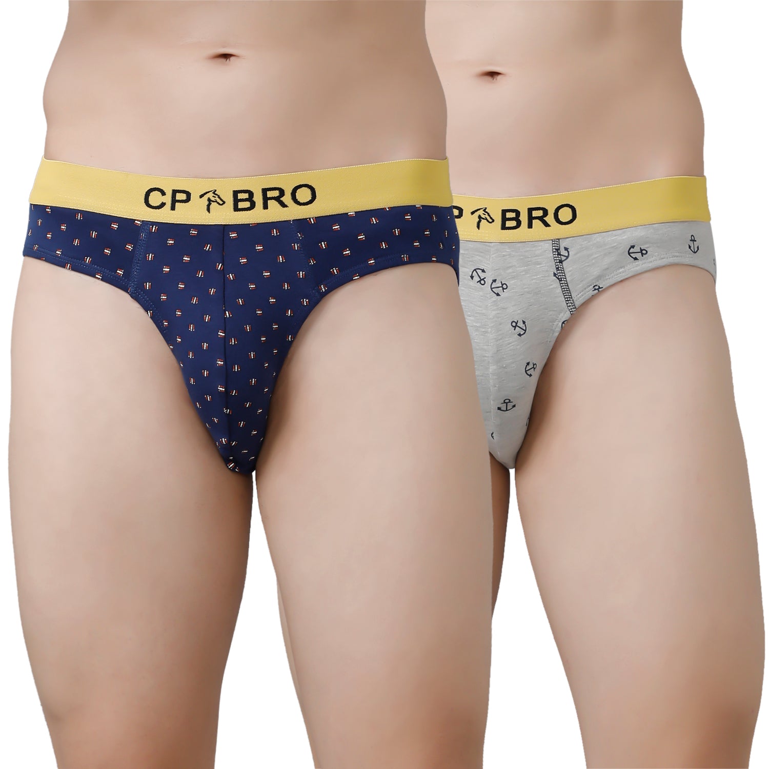CP BRO Men's Printed Briefs with Exposed Waistband Value Pack - Navy & Grey Anchor (Pack of 2)
