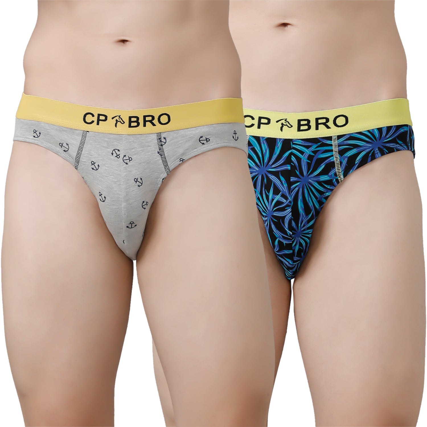 CP BRO Men's Printed Briefs with Exposed Waistband Value Pack - Grey Anchor & Blue Leaf (Pack of 2)