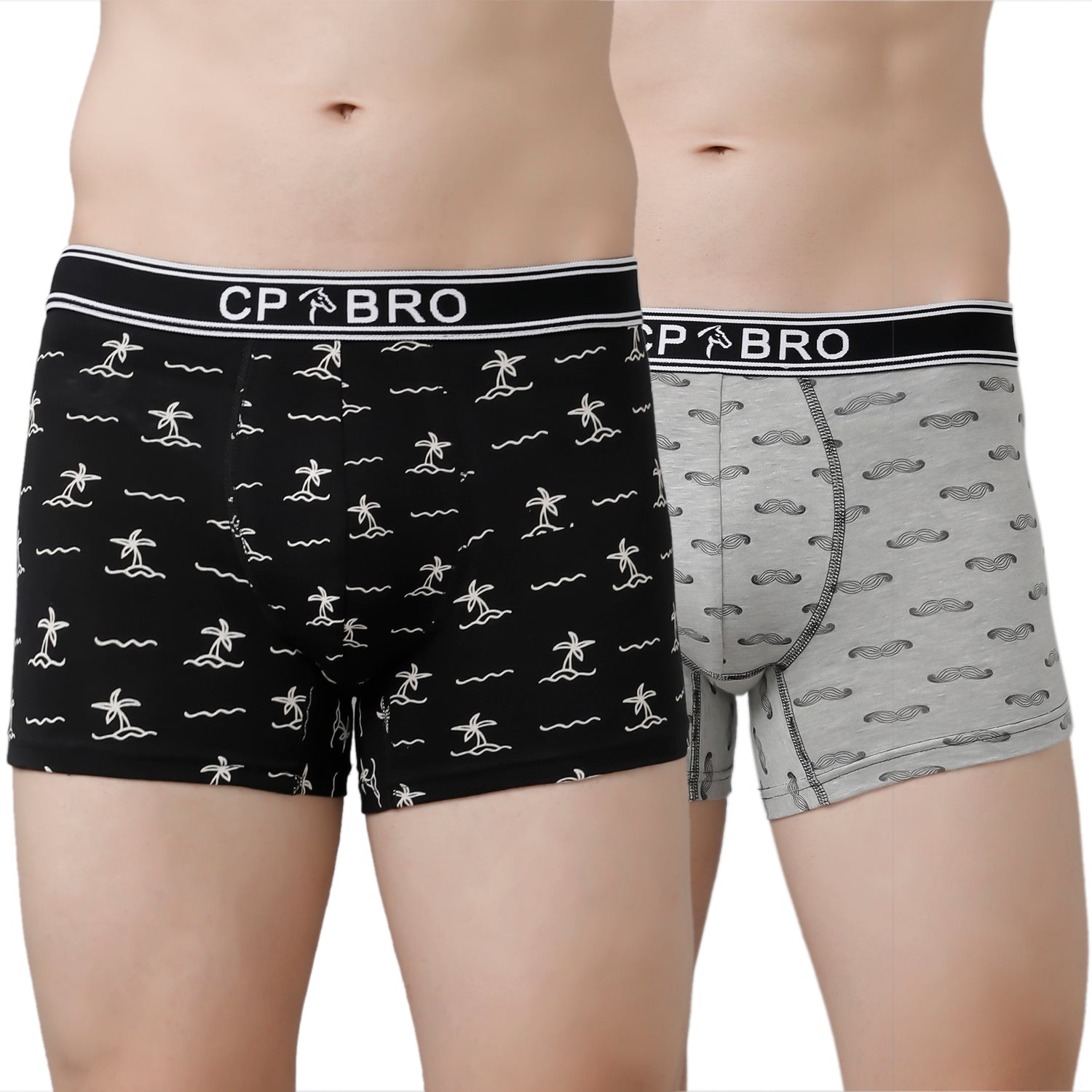 CP BRO Men's Printed Trunks with Exposed Waistband Value Pack - Black & Grey (Pack of 2)