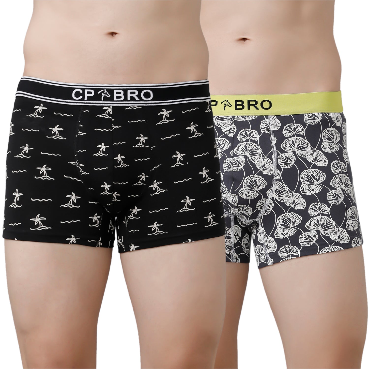 CP BRO Men's Printed Trunks with Exposed Waistband Value Pack - Black & Grey Leaf (Pack of 2)