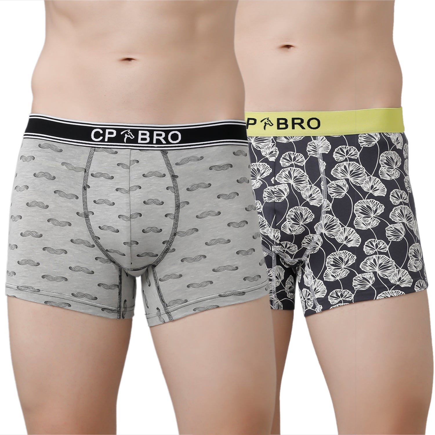 CP BRO Men's Printed Trunks with Exposed Waistband Value Pack - Grey & Grey Leaf (Pack of 2)