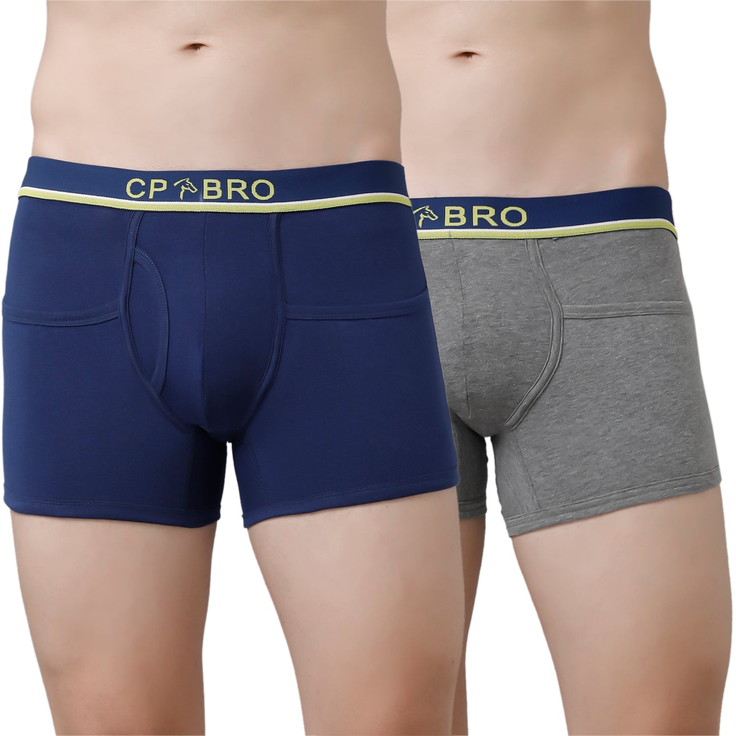 CP BRO Men's Solid Trunks with Exposed Waistband Value Pack - Blue & Grey (Pack of 2)