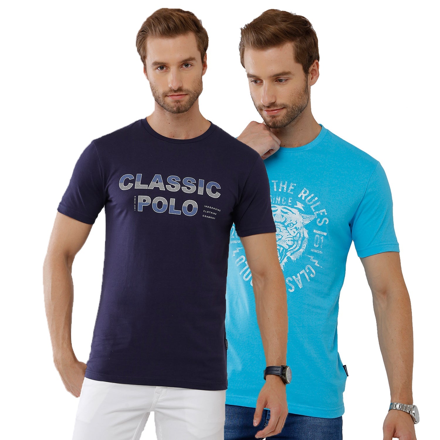 Classic Polo Mens Chest Print Slim Fit Navy & Sky Blue Color Crew Neck T-Shirt -IRIS 21 T-shirt Classic Polo 