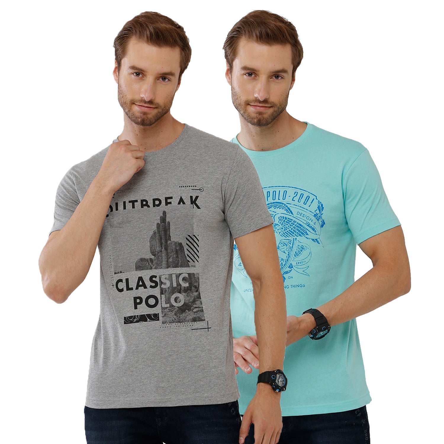 Classic Polo Mens Chest Print Slim Fit Light Green & Lt. Grey Color Crew Neck T-Shirt -IRIS 20 T-shirt Classic Polo 