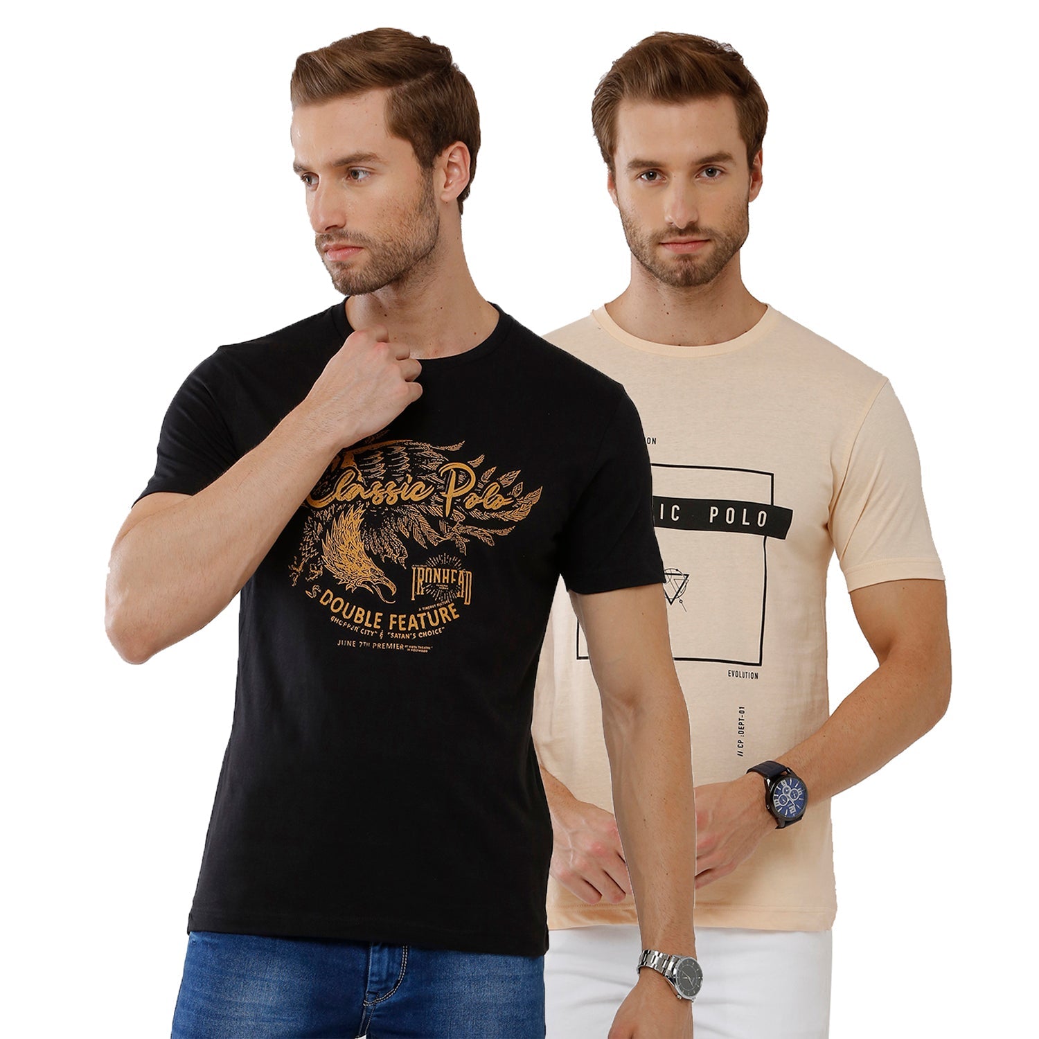 Classic Polo Mens Chest Print Slim Fit Black & Beige Color Crew Neck T-Shirt -IRIS 19 T-shirt Classic Polo 