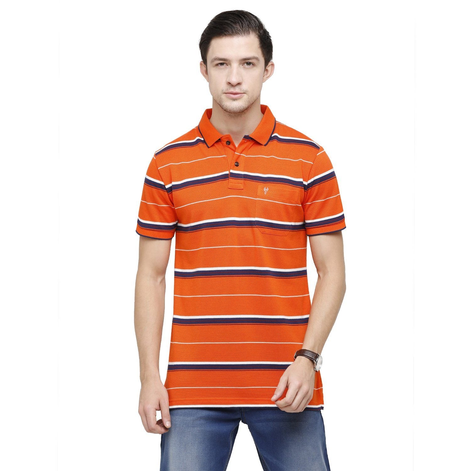 Classic Polo Mens Striped Polo Neck Half Sleeve Slim Fit Cotton Polyester Blend Orange Fashion T-Shirt ( NITRO - 231 A SF P ) T-shirt Classic Polo 