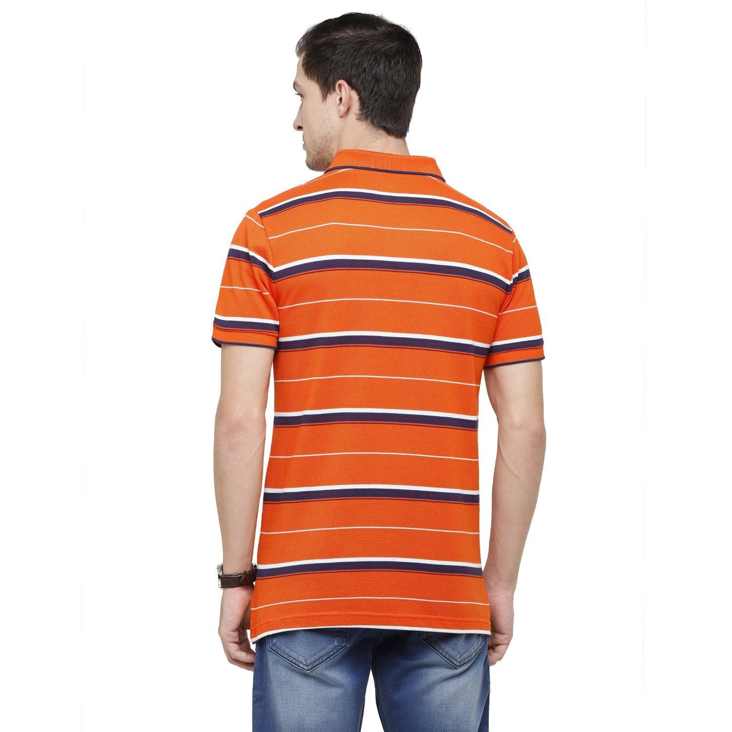 Classic Polo Mens Striped Polo Neck Half Sleeve Slim Fit Cotton Polyester Blend Orange Fashion T-Shirt NITRO 231 A SF P