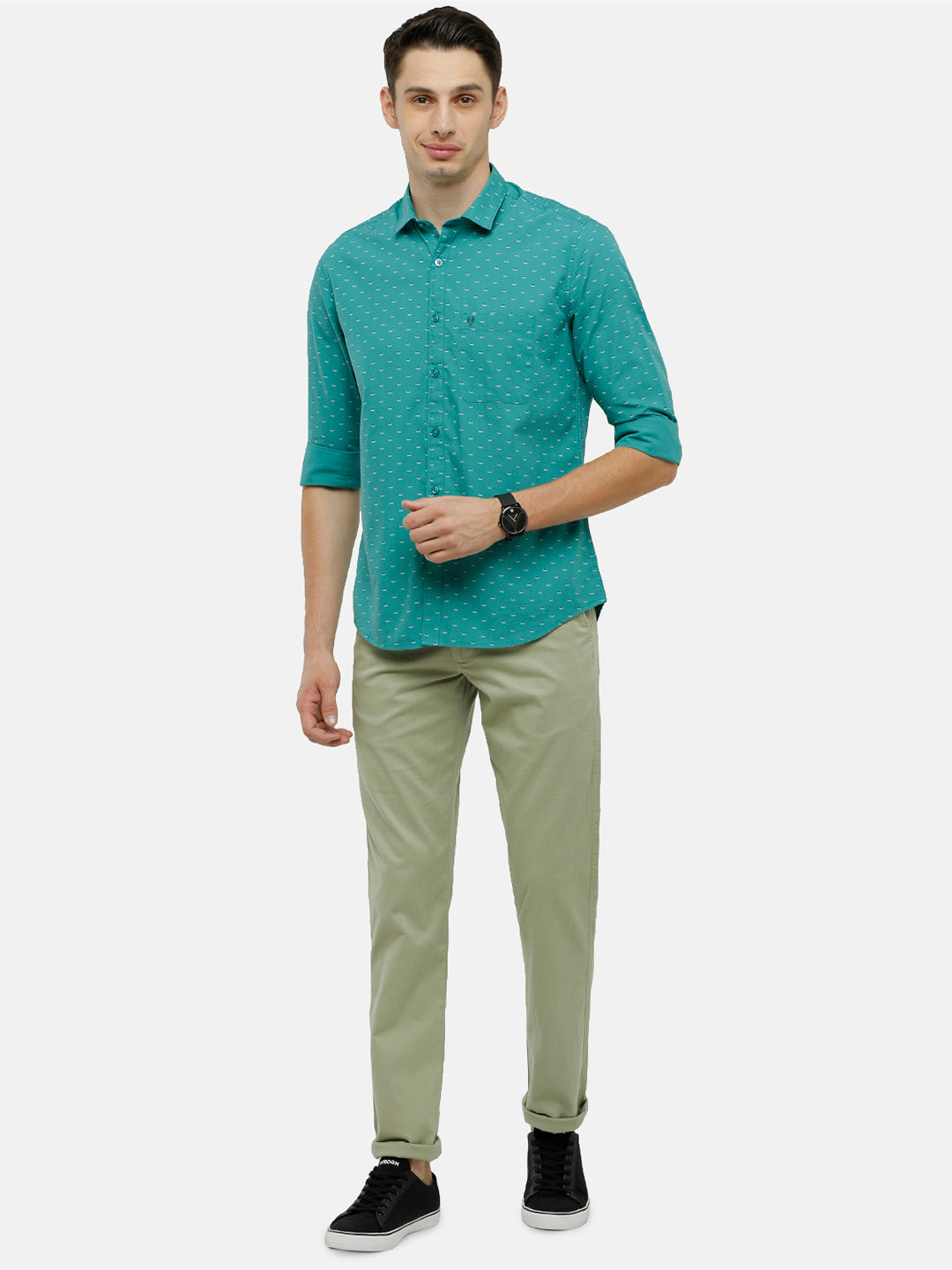 Classic Polo Mens Solid Moderate Fit Green Trousers - Ares Lt.Pista