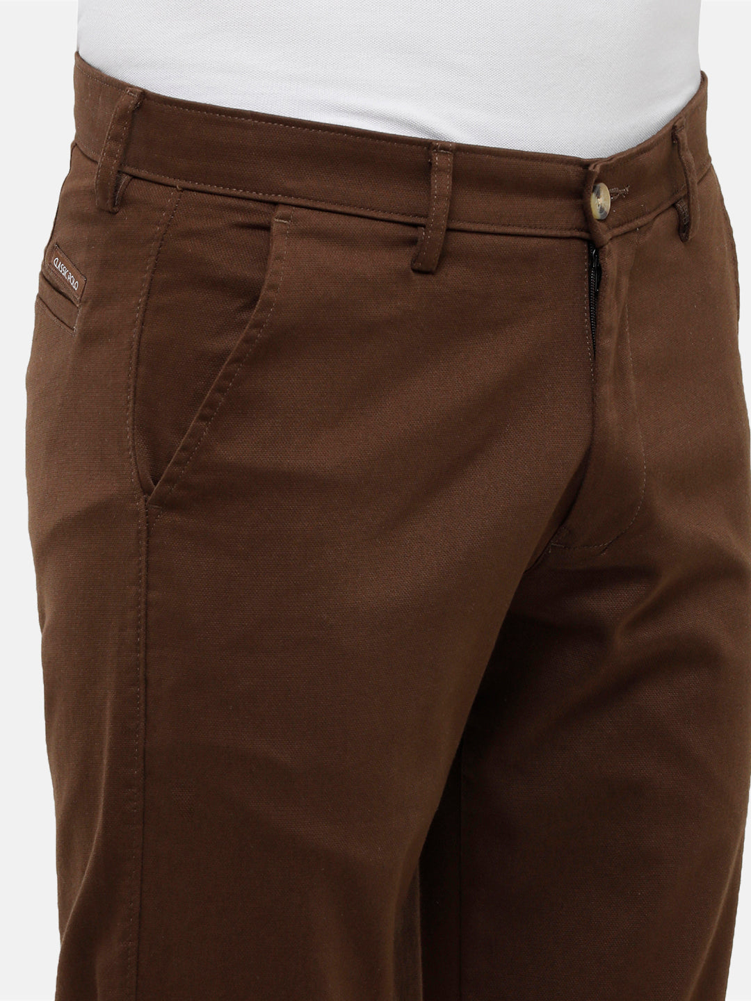 Classic Polo Mens Solid Slim Fit Brown Trousers - Eros Brown